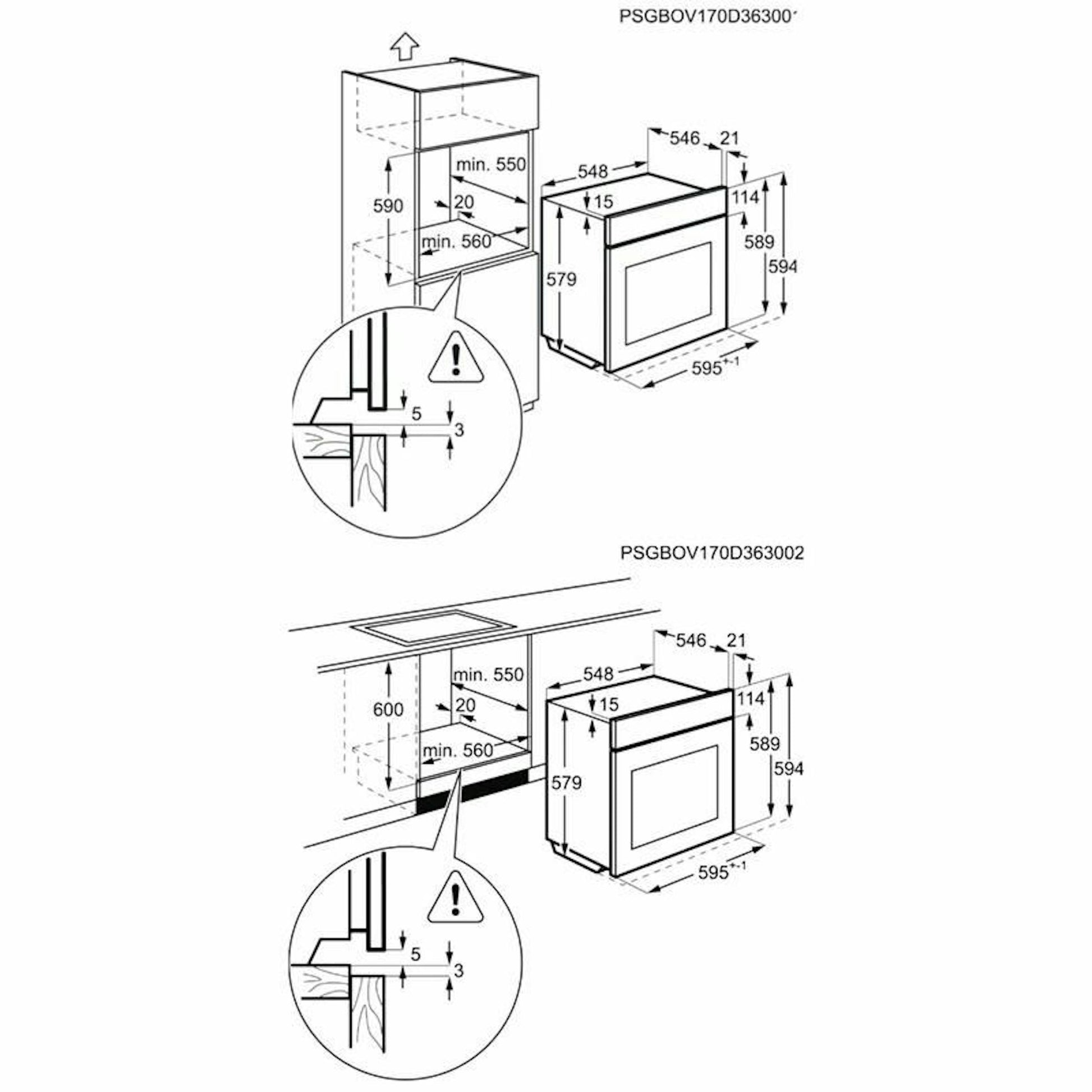 Horno AEG BEK435120W blanco, esquema de instalación con medidas