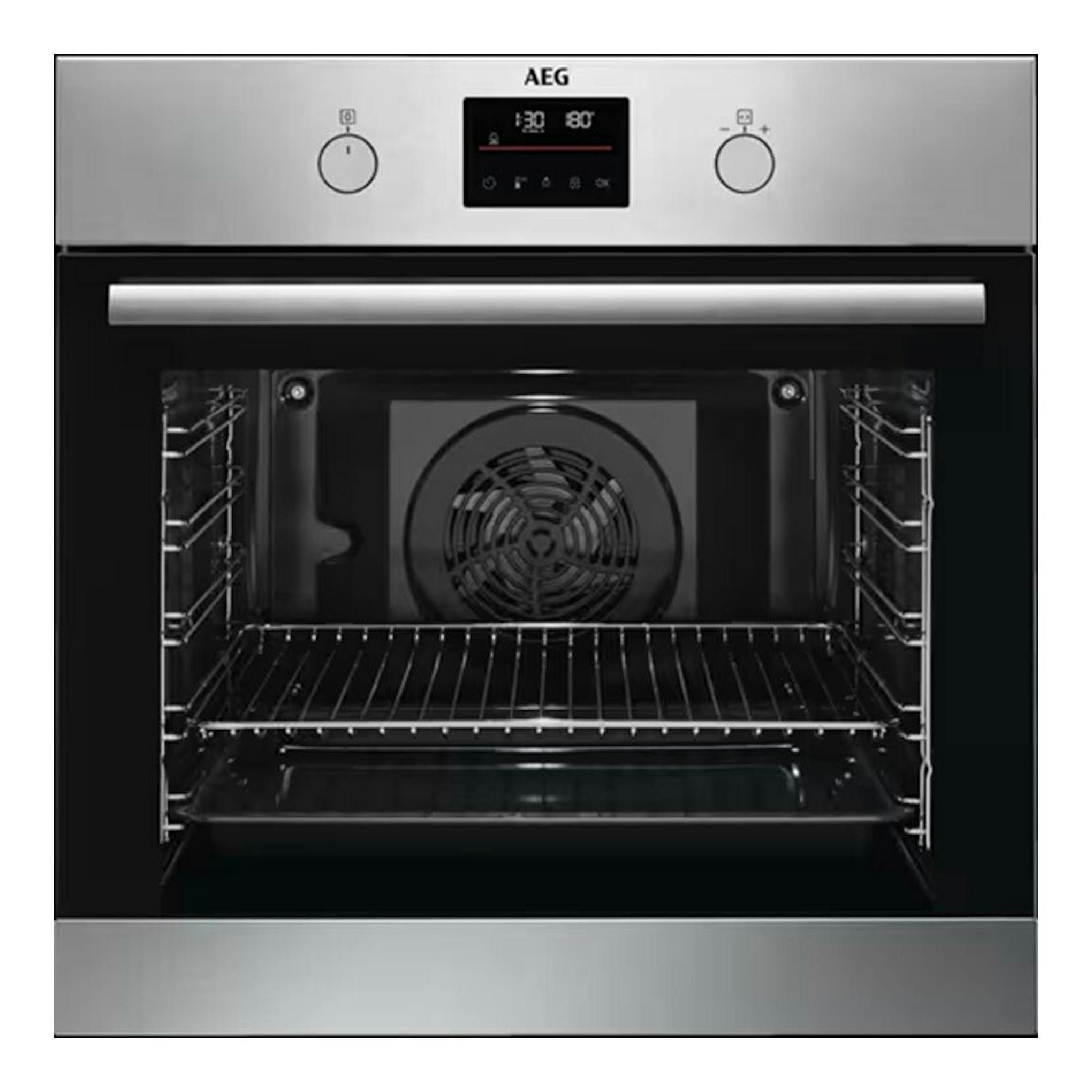 Horno AEG BPB331161M inox, vista frontal con la puerta abierta e interior negro con ventilador.