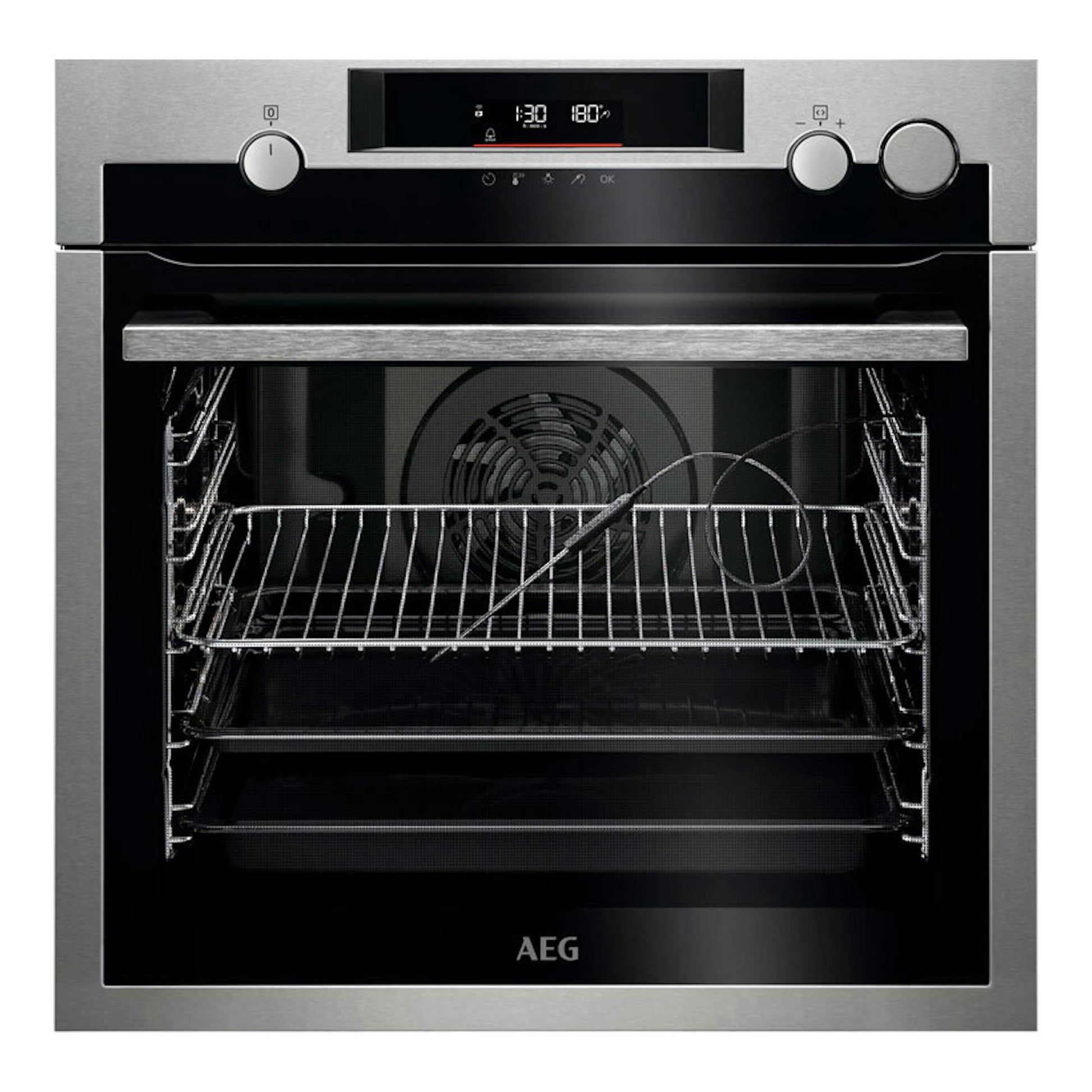 Horno AEG BSS578271M inox, vista frontal, puerta abierta, panel digital y cavidad interior negra.