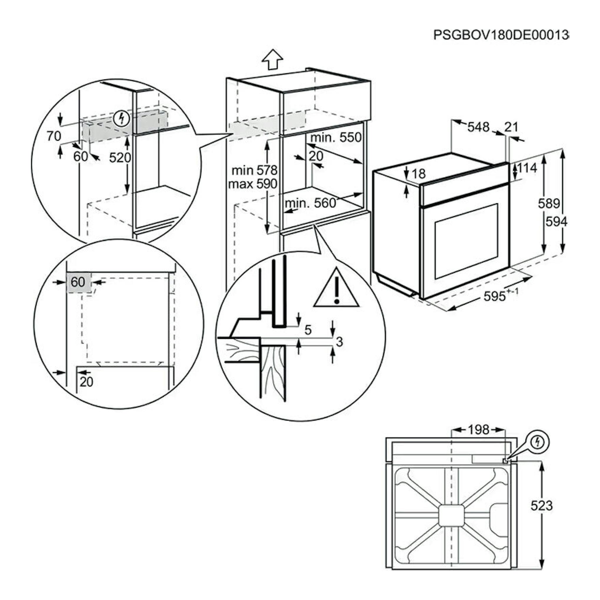 AEG BSS578271M, diagrama técnico en blanco y negro de horno empotrable con medidas de instalación.