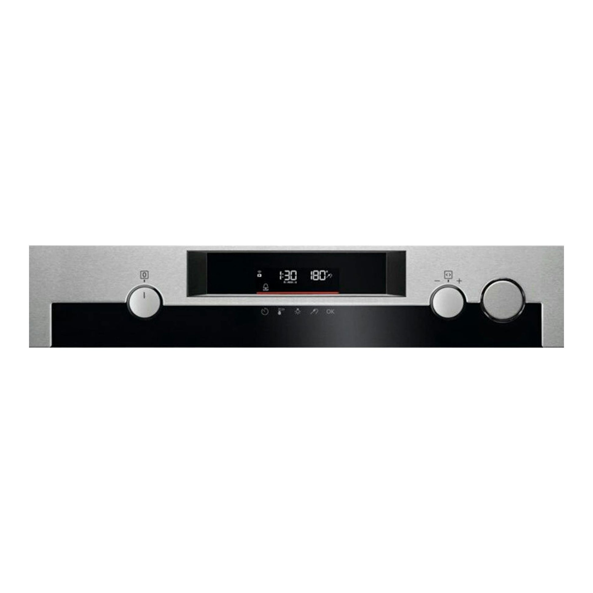 Horno AEG BSS578271M inox, vista frontal, panel negro y mando giratorio sobre acabado acero inoxidable.