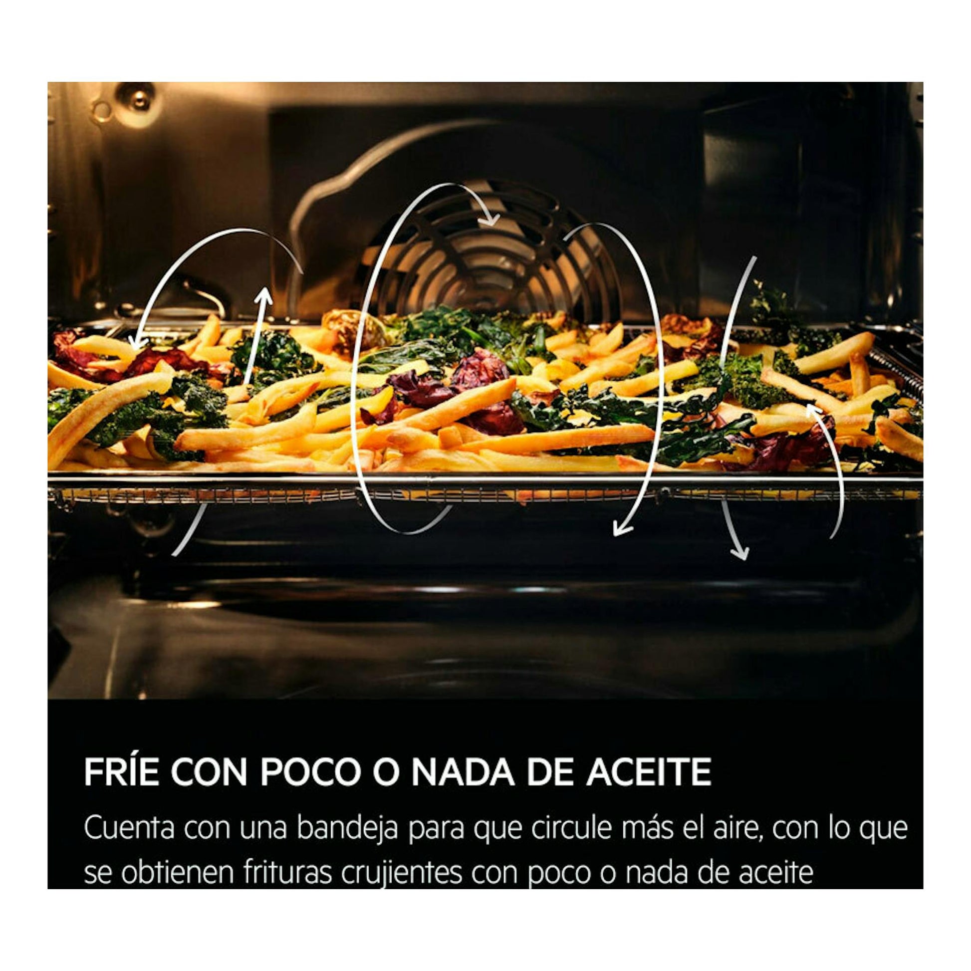 Interior de horno AEG GS6PB51FAB negro con bandeja de patatas fritas y verduras, flechas de aire.