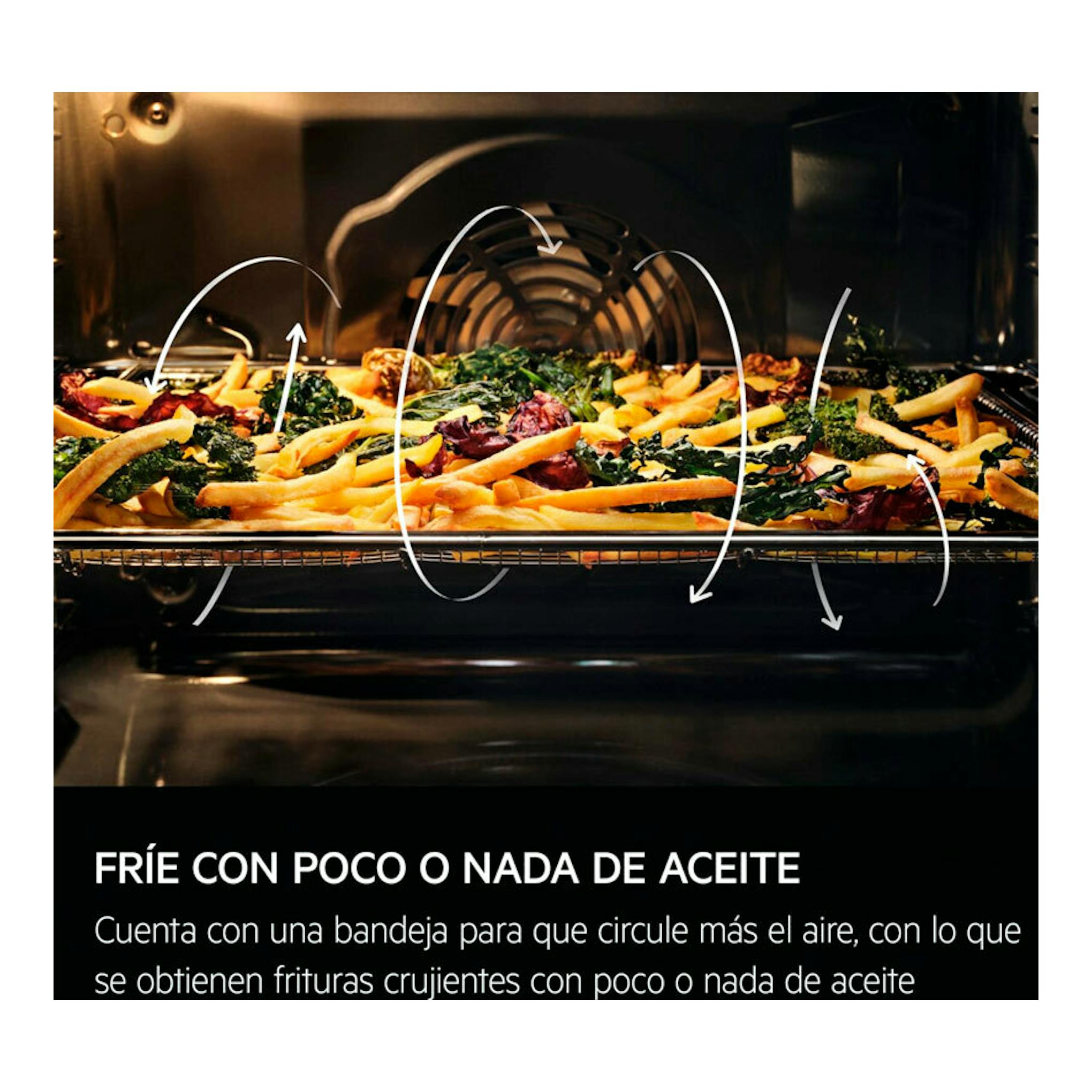 Interior de horno AEG GS6PB51FAB negro con bandeja de patatas fritas y verduras, flechas de aire.