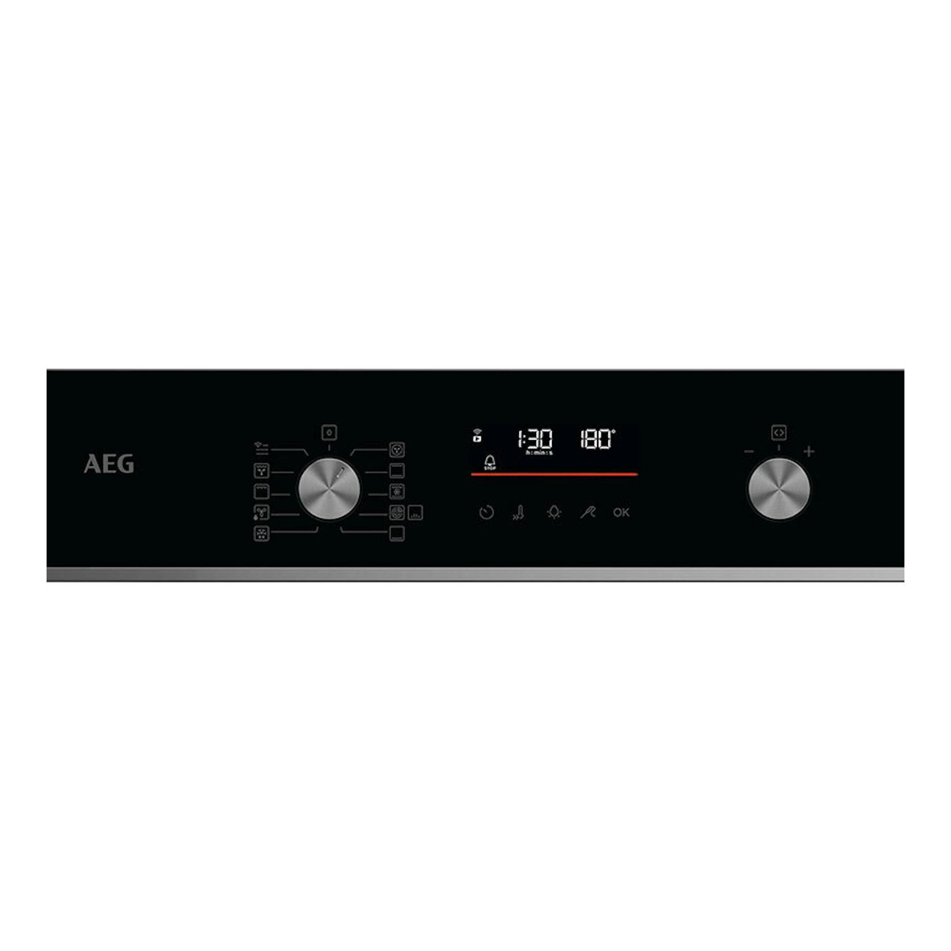 Panel frontal de horno AEG GS6PB51FAB negro, con dos mandos plateados y pantalla digital.