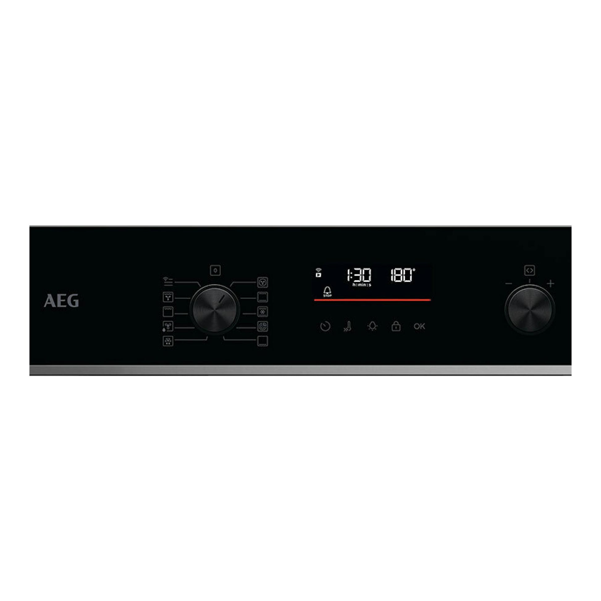 Panel frontal negro de horno AEG, con dos mandos giratorios y pantalla digital central.
