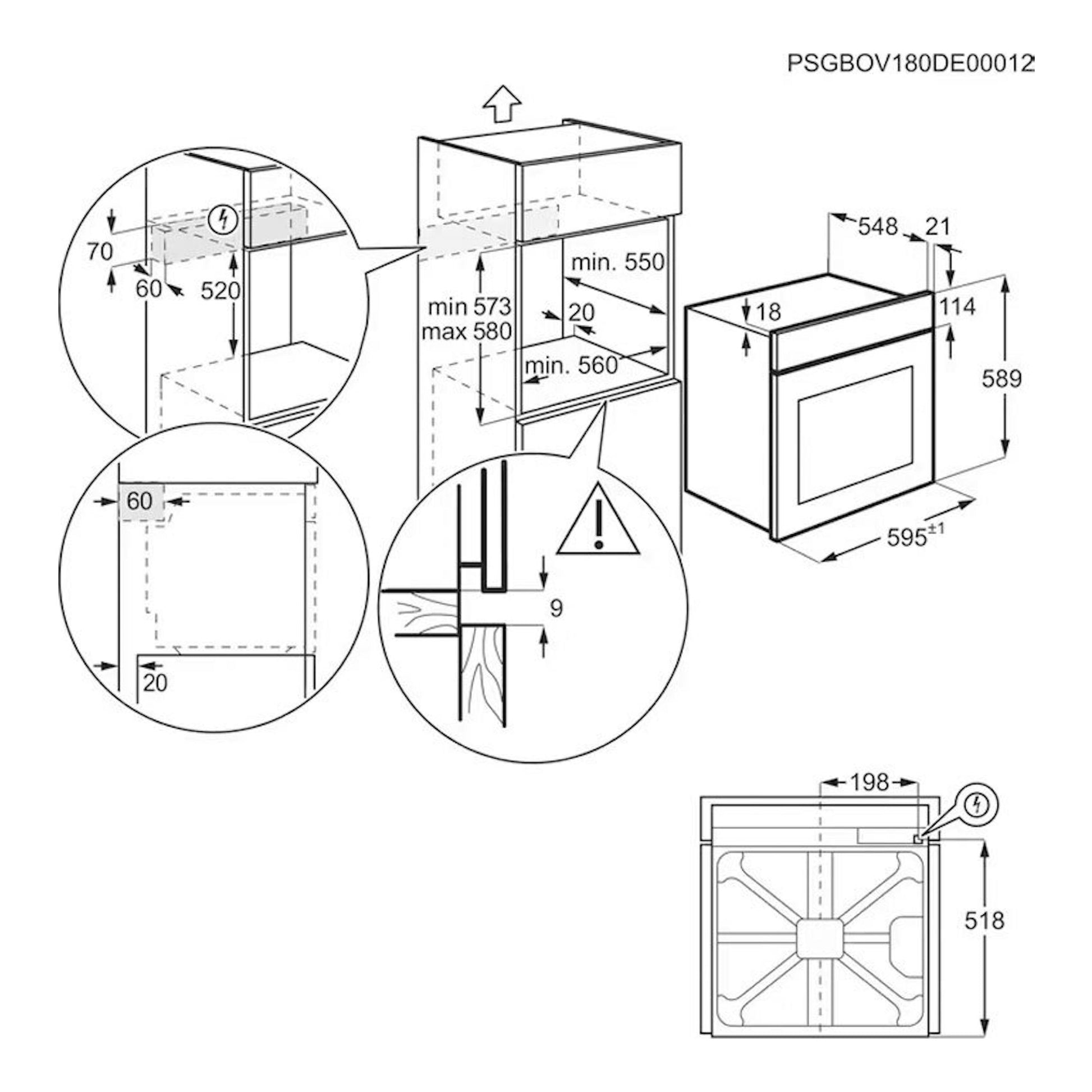 AEG GU5PB41WSK horno de cristal negro, esquema técnico de instalación con medidas y vistas frontal y superior.