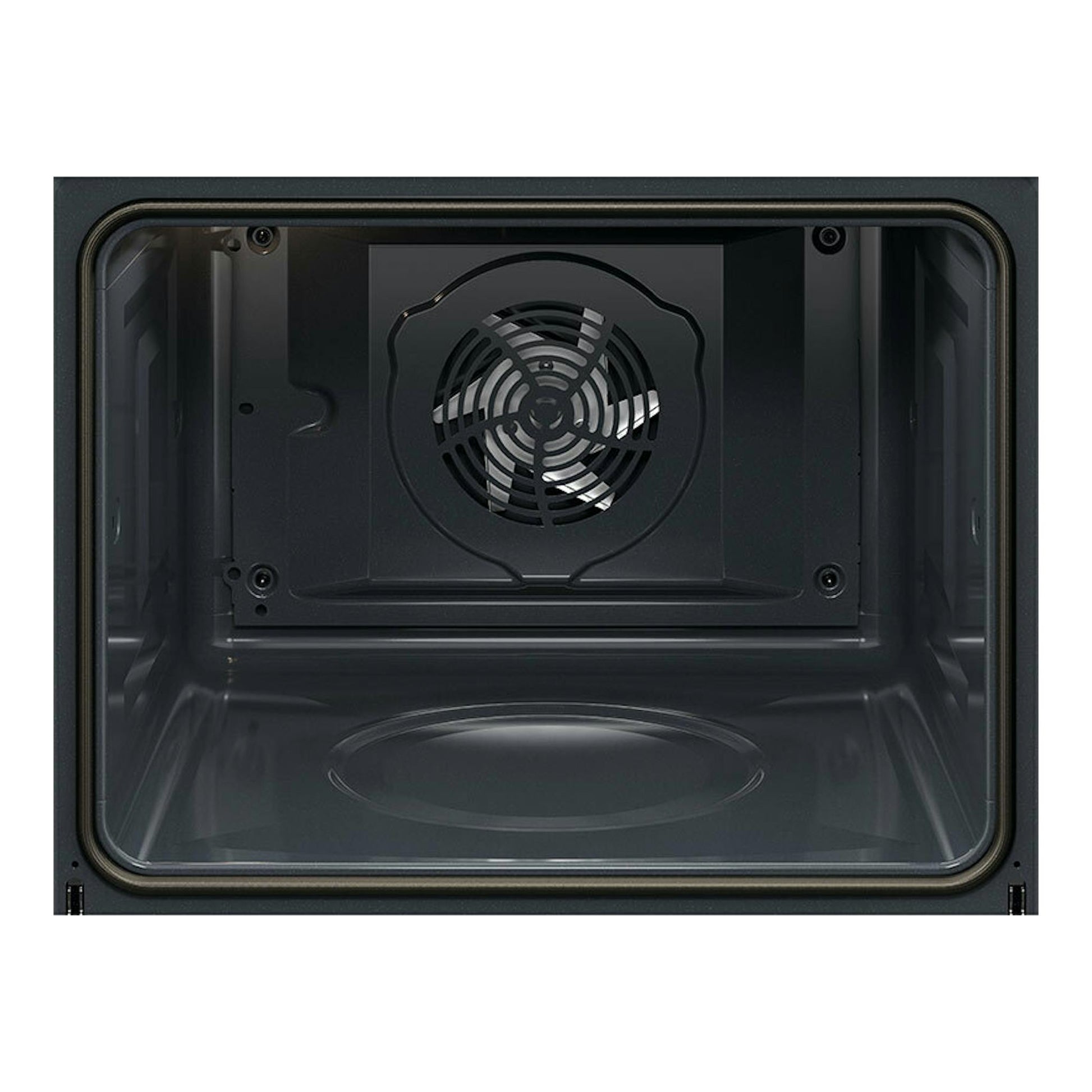 Interior de horno AEG GU5PB41WSK en cristal negro, vista frontal de la cavidad con ventilador trasero.