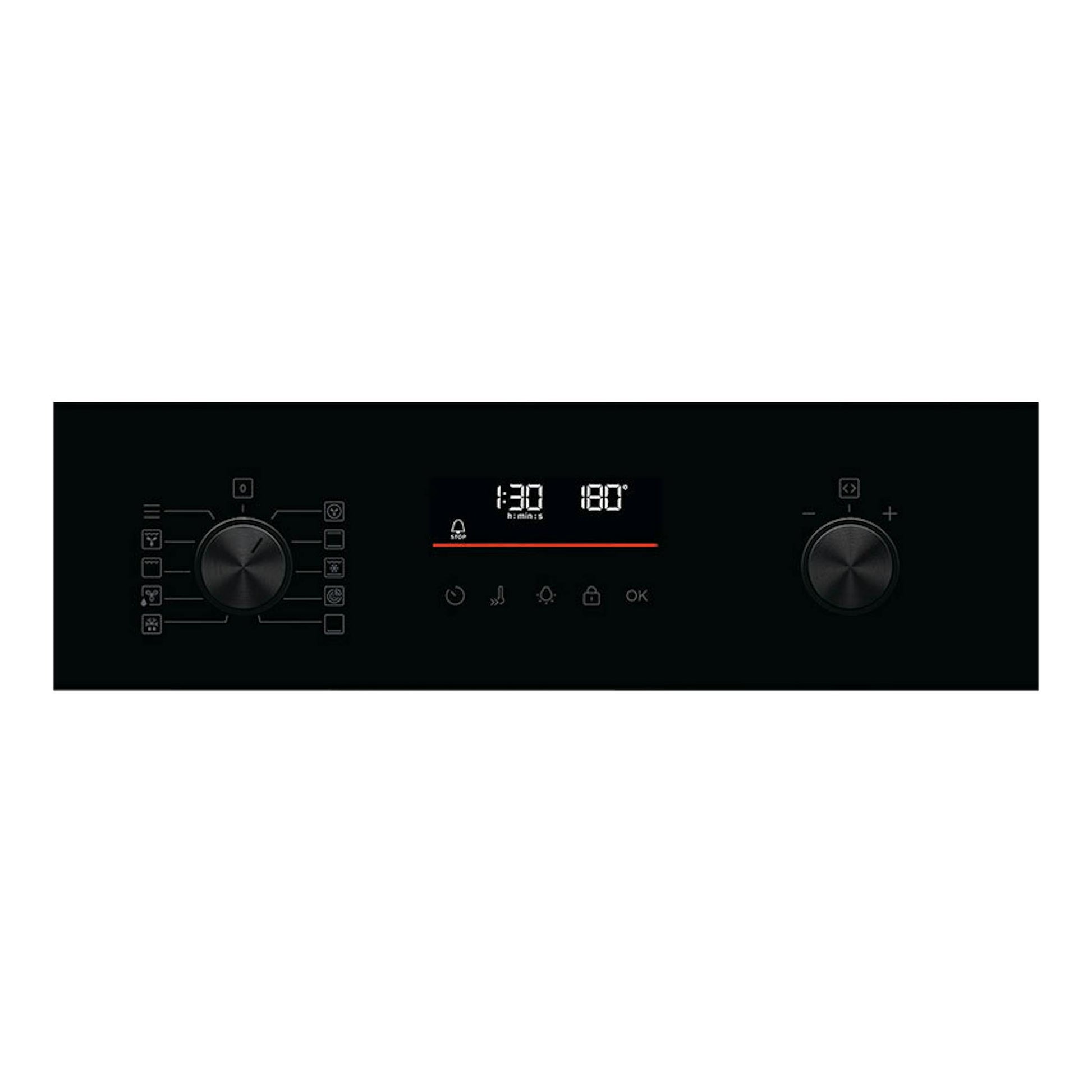 Horno AEG GU5PB41WSK de cristal negro, panel frontal con dos mandos y pantalla digital.
