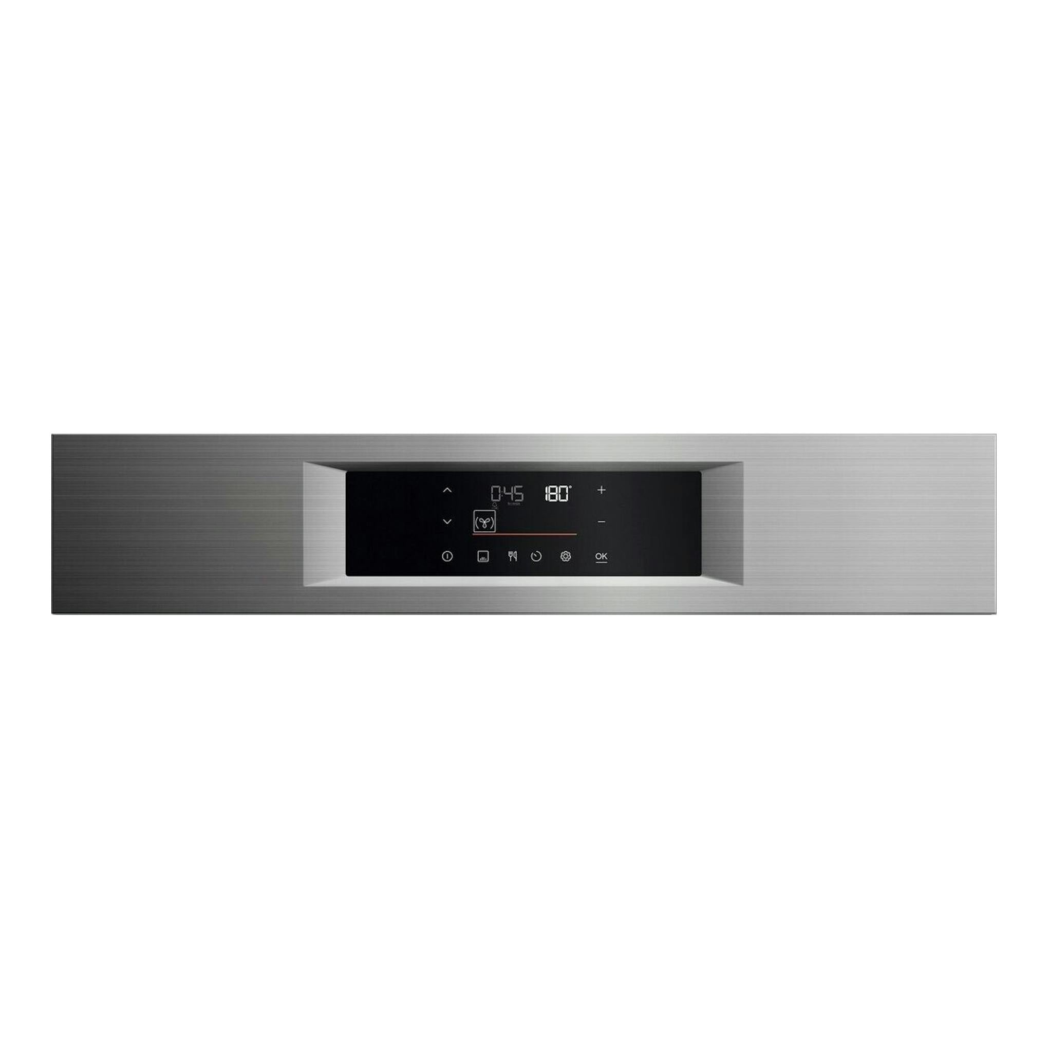AEG GU5PB43FPM, panel frontal de horno empotrable en acero inoxidable con pantalla digital negra.