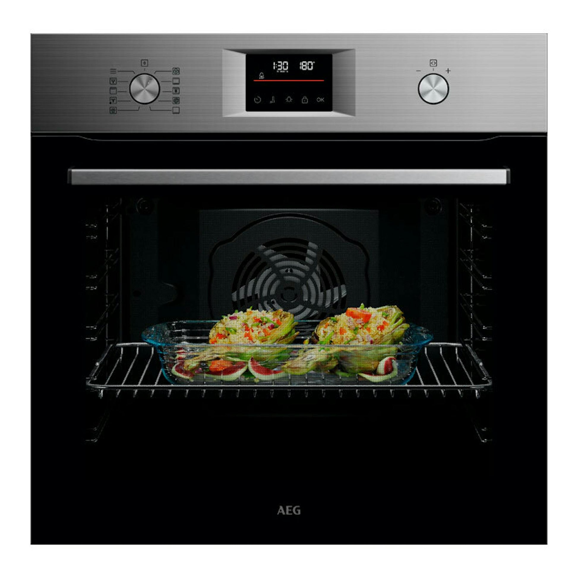 Horno AEG GU5PB43FSM inox con puerta abierta e interior visible