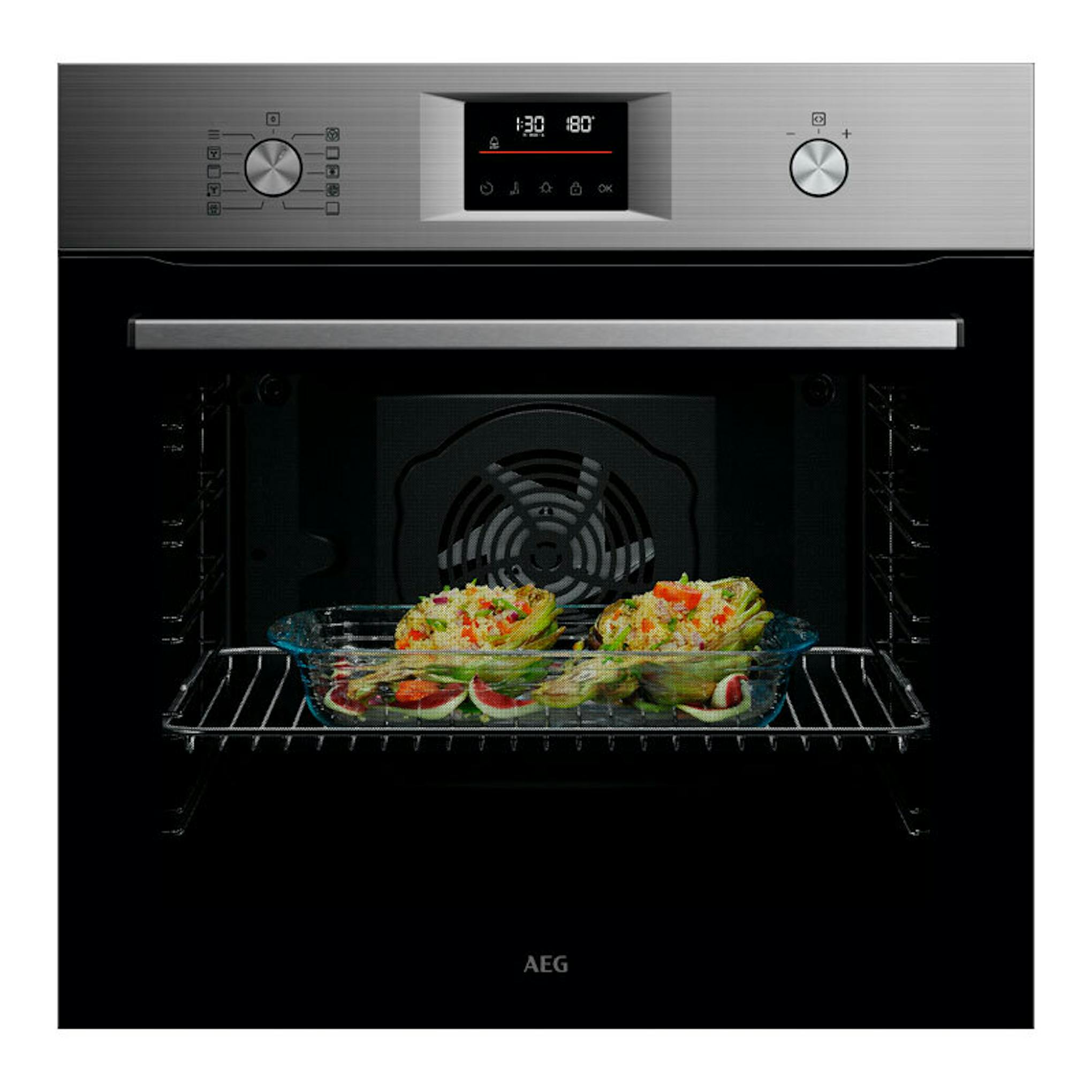 Horno AEG GU5PB43FSM inox con puerta abierta e interior visible
