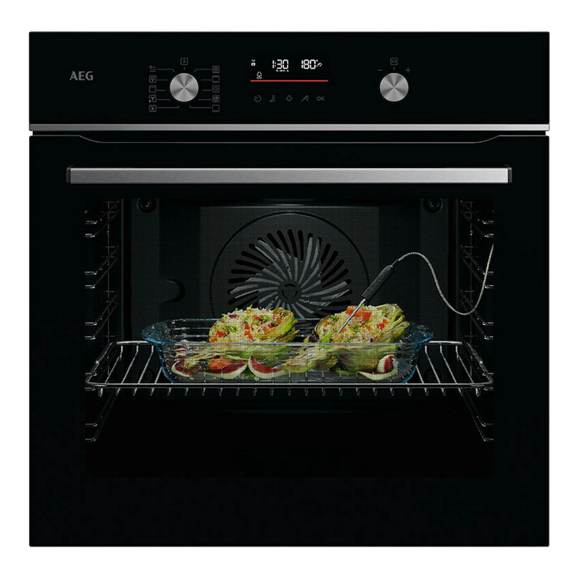 Horno AEG OA5PB531AB negro, vista frontal, con puerta abierta e interior con bandeja de comida.