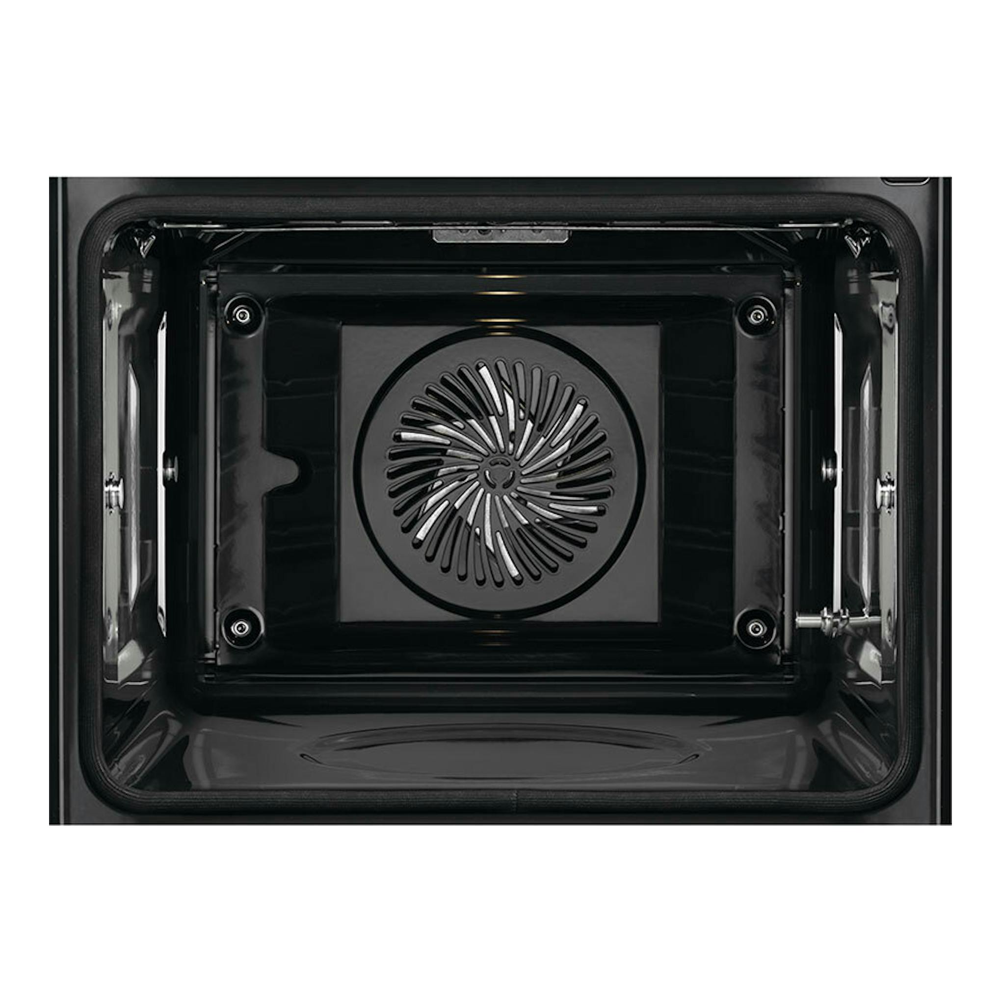 Interior de horno AEG OA5PB531AB negro, vista frontal con ventilador circular trasero.
