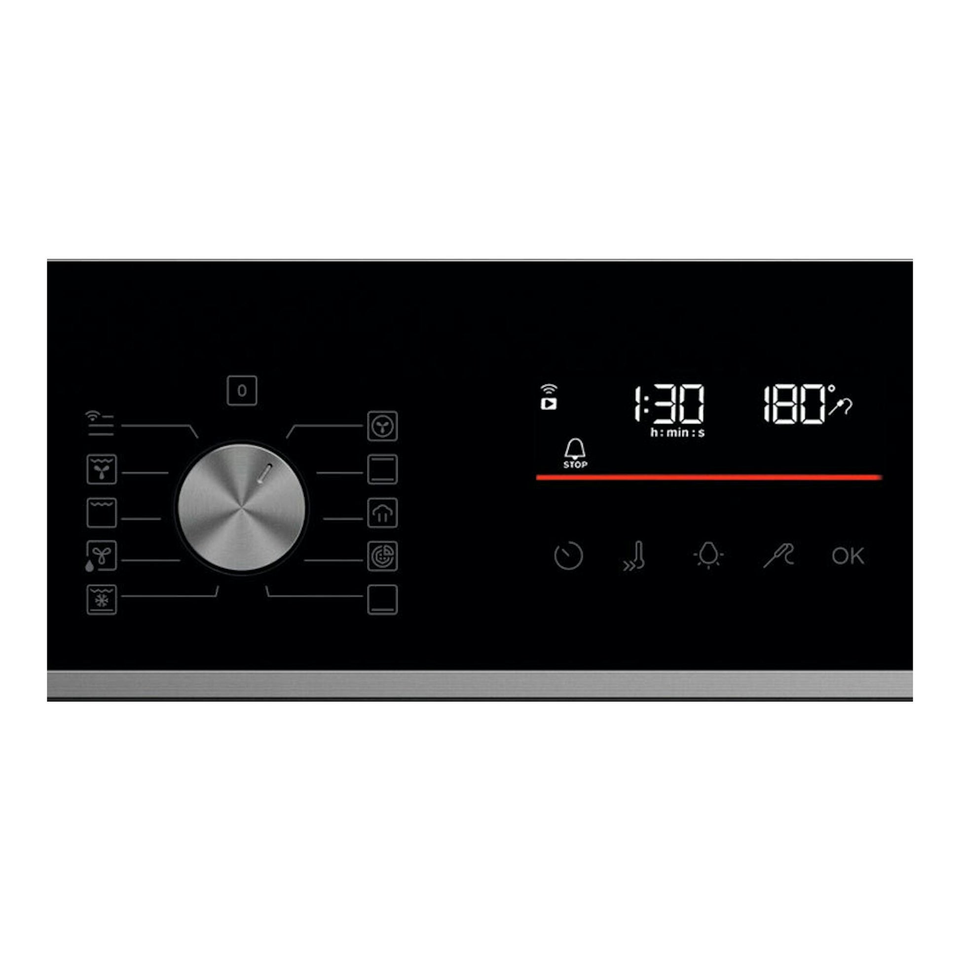 Panel de control de horno AEG OR6PB51WSB en cristal negro, con mando giratorio central y display digital.