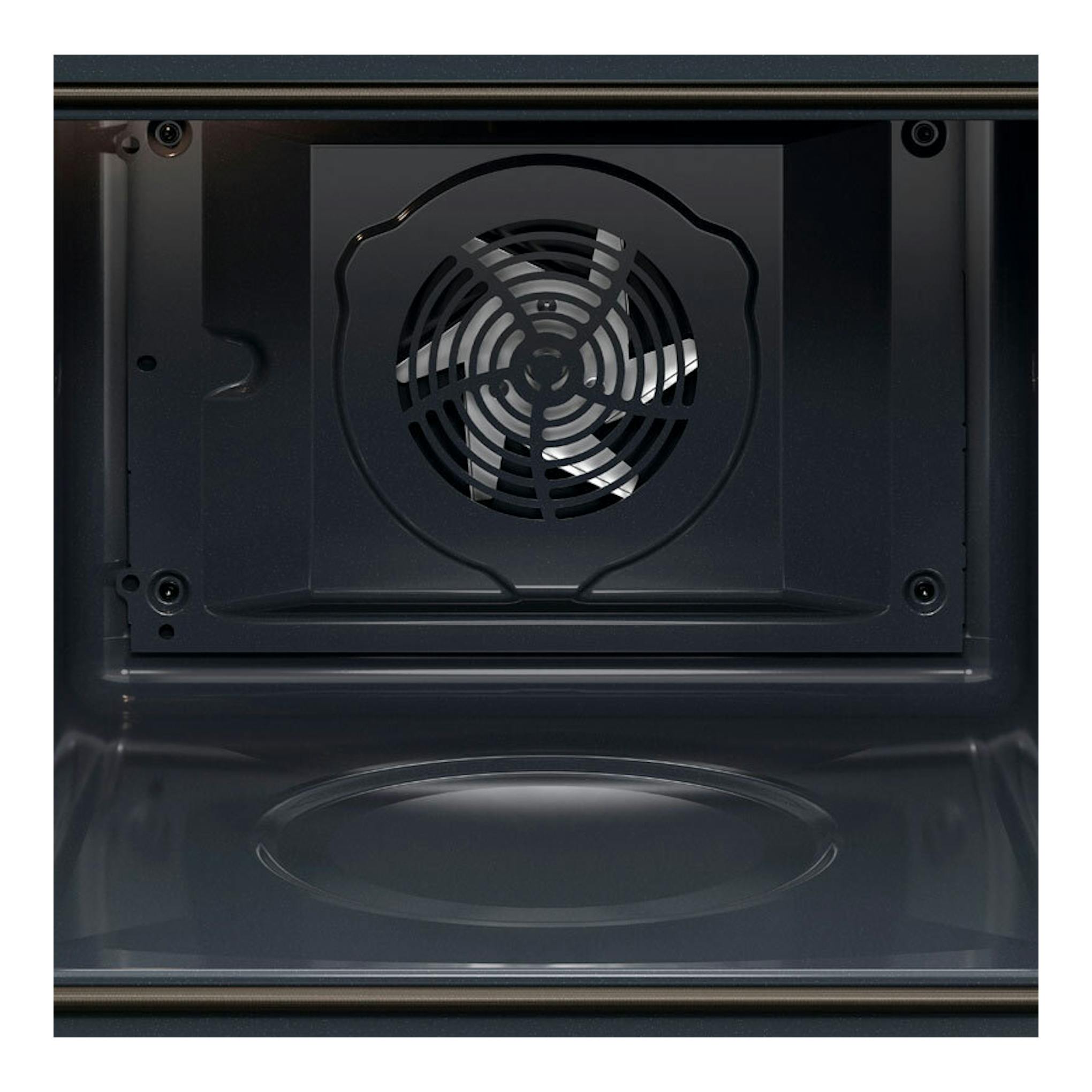 Horno AEG OR6PB51WSB de cristal negro, vista frontal del interior con ventilador circular trasero.