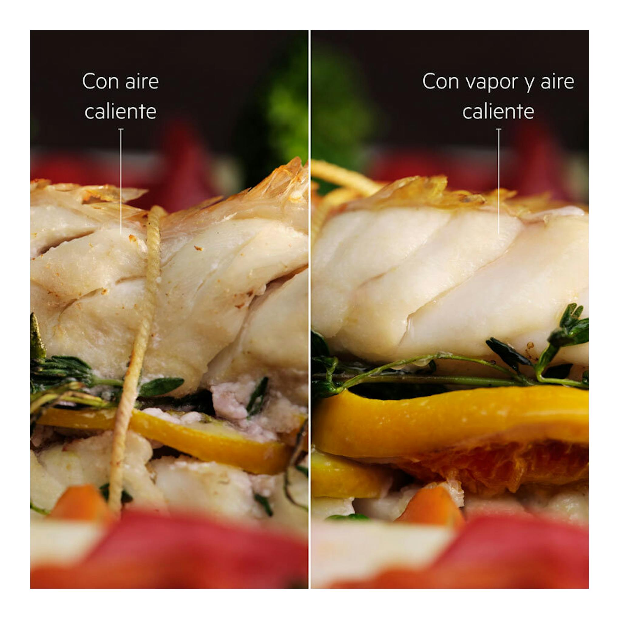 AEG OR6PB51WSB: imagen dividida de pescado al horno, con aire caliente y con vapor y aire caliente.