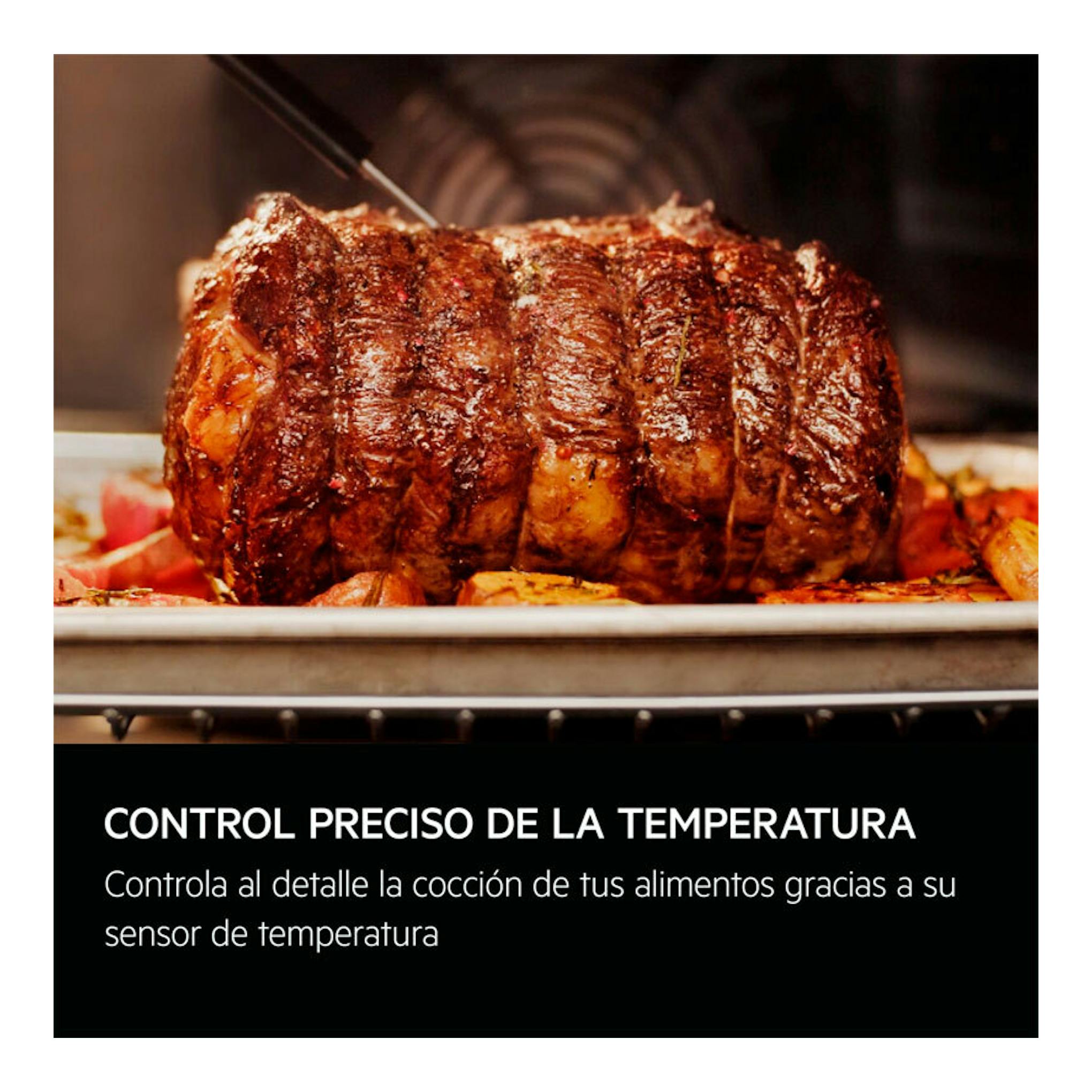 Horno AEG OR6PB51WSB de cristal negro, con asado en el interior y texto sobre control preciso de la temperatura.