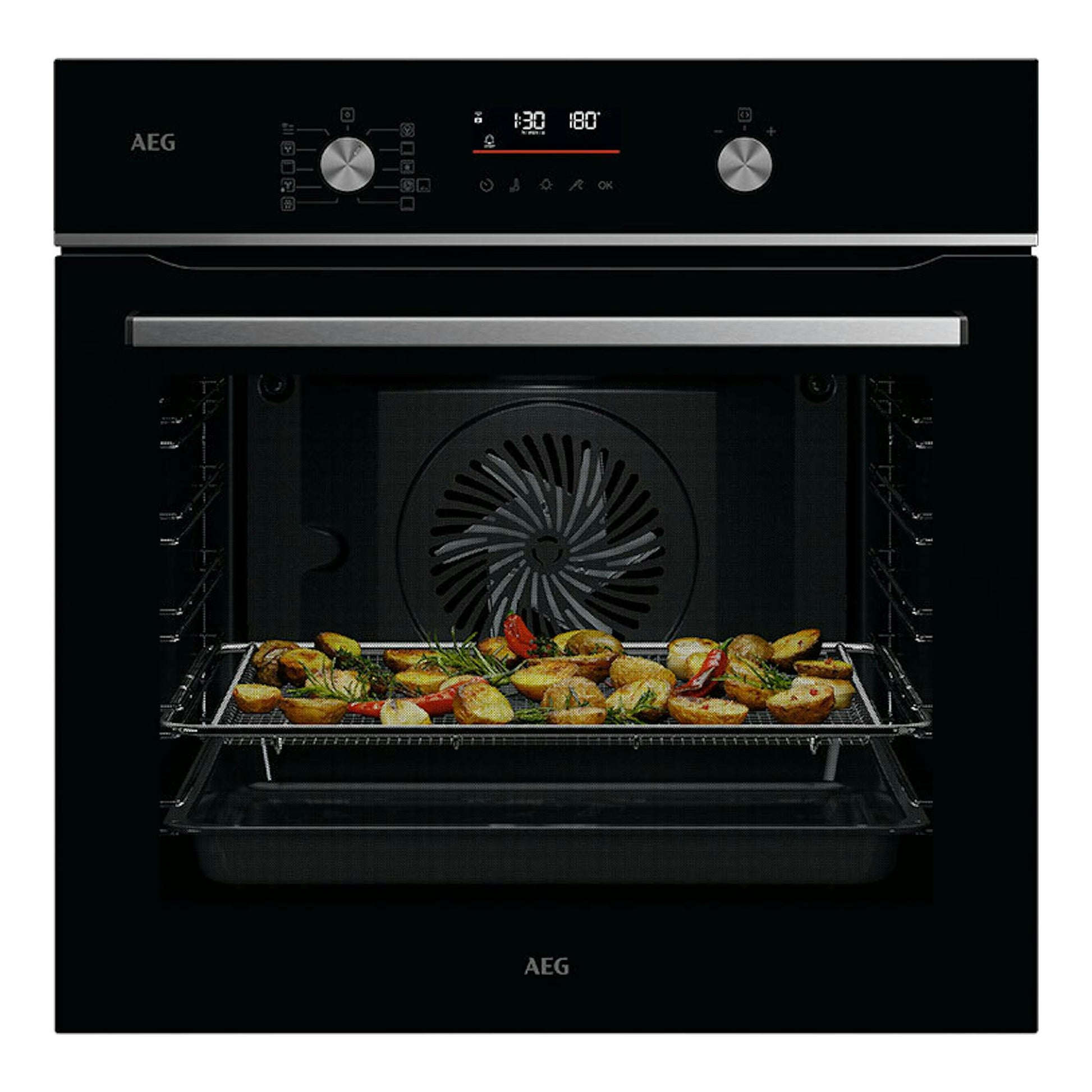 Horno AEG OS6PB511AB negro, vista frontal, con puerta abierta y bandeja con alimentos dentro.