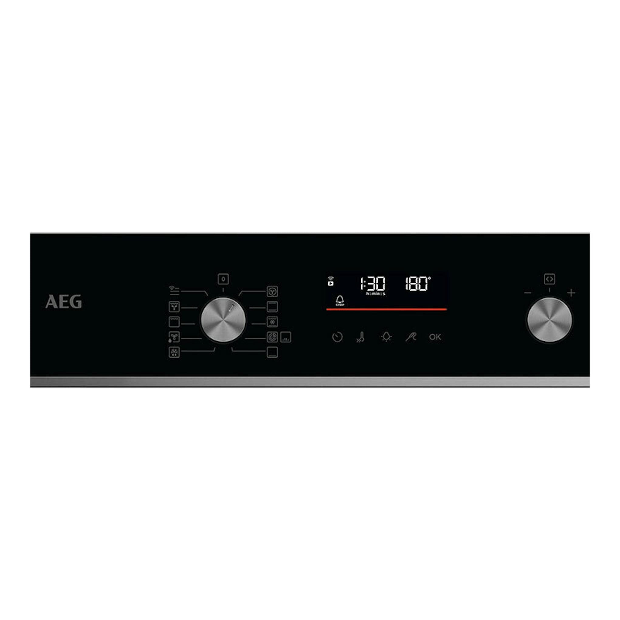 Horno AEG OS6PB511AB negro, vista frontal del panel de control con dos mandos y pantalla digital.