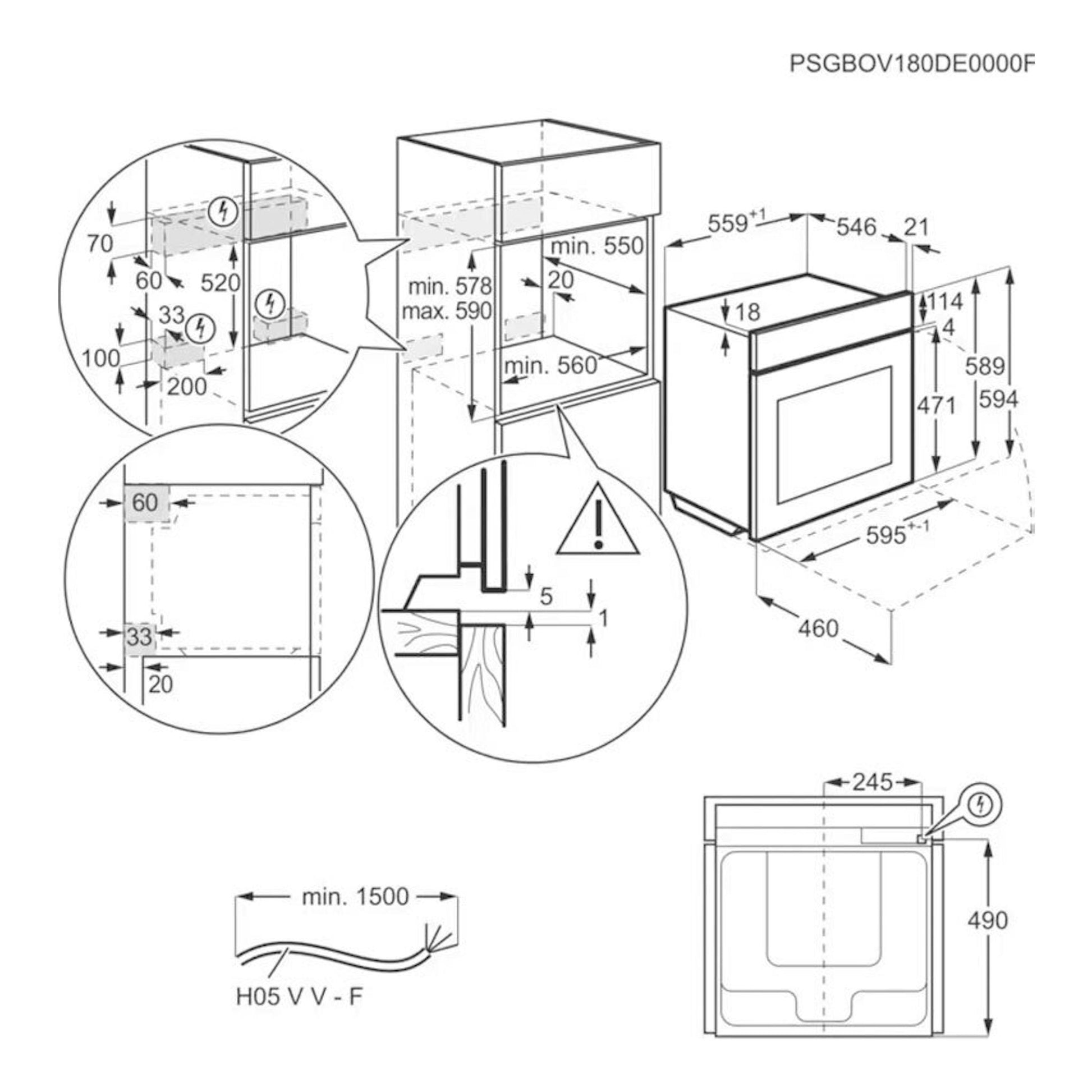 AEG OS6PB51AM: diagrama técnico en blanco y negro de instalación de horno empotrable, vistas frontal y lateral.