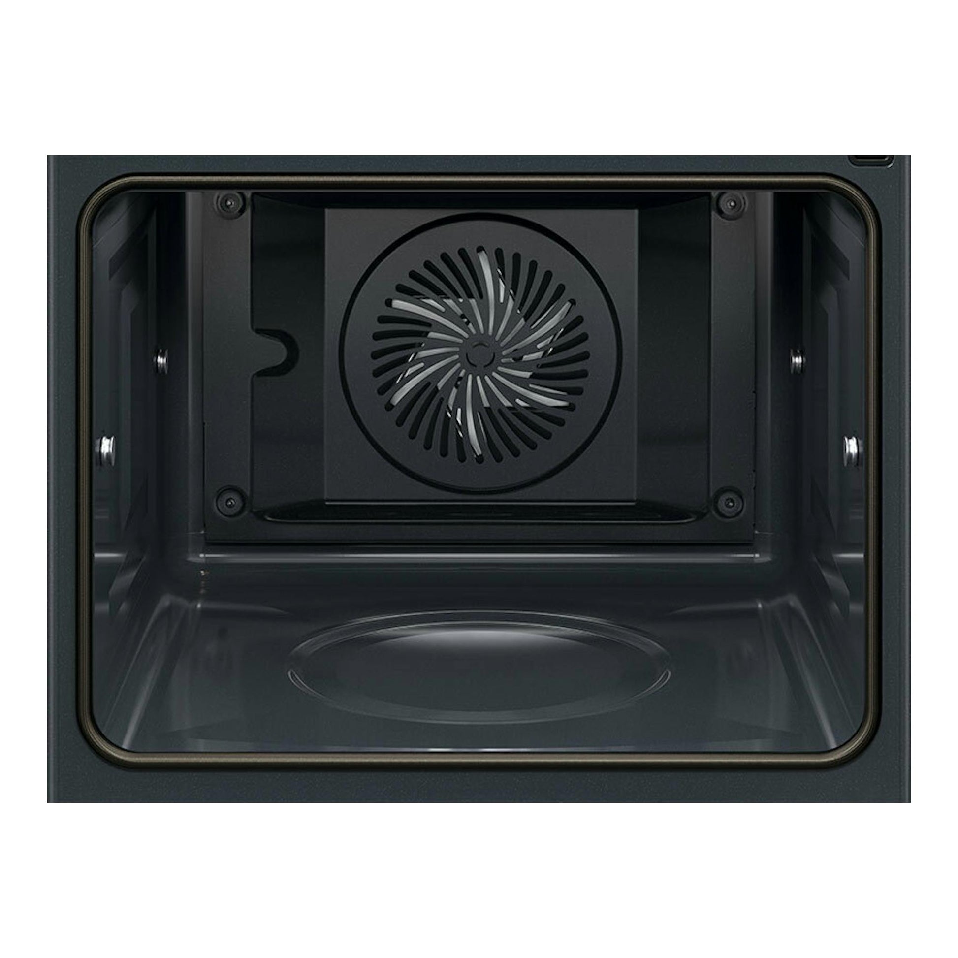 Interior de horno AEG OS6PB51AM inox, vista frontal de la cavidad con ventilador circular trasero.