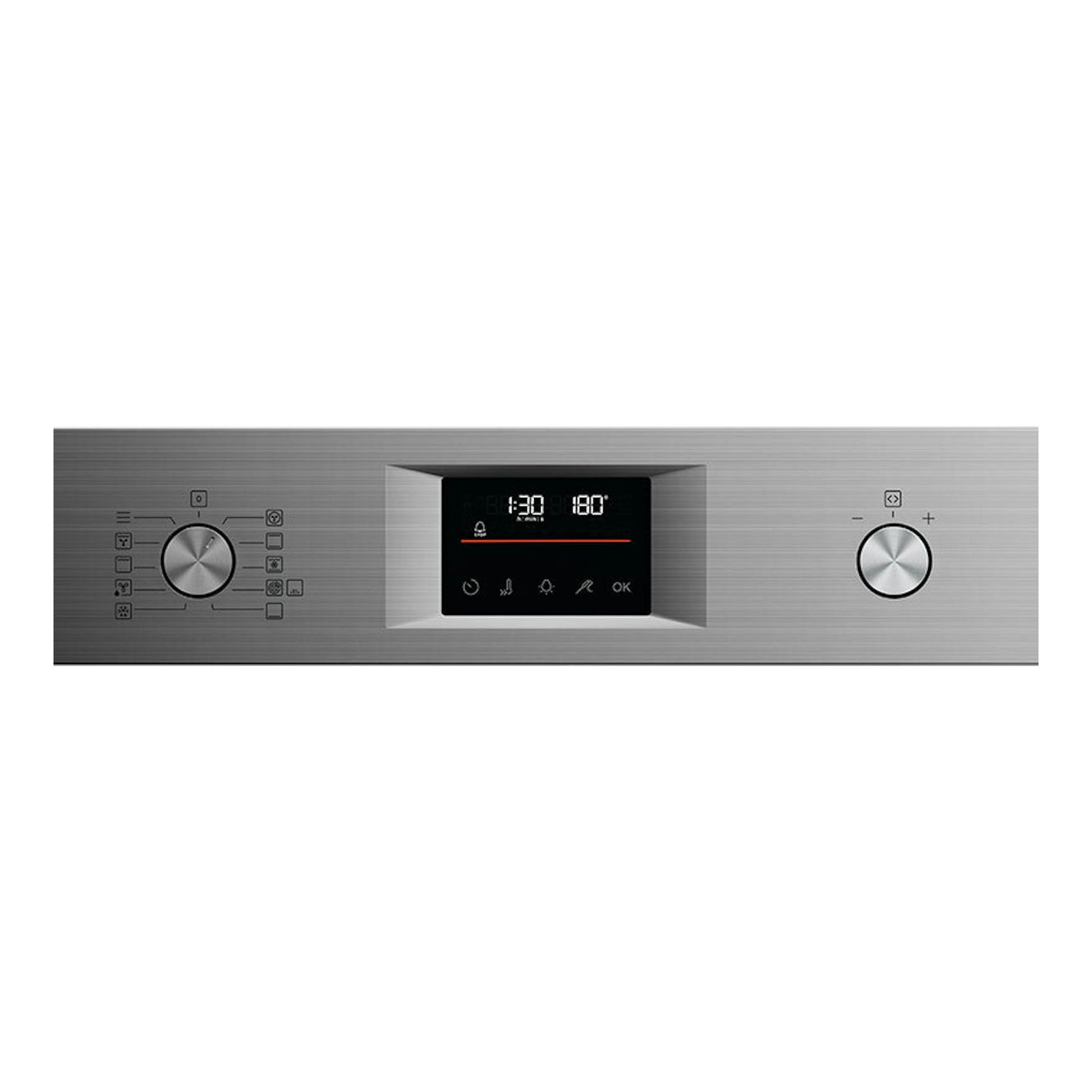 Horno AEG OS6PB51AM inox, vista frontal del panel con dos mandos y pantalla digital central.