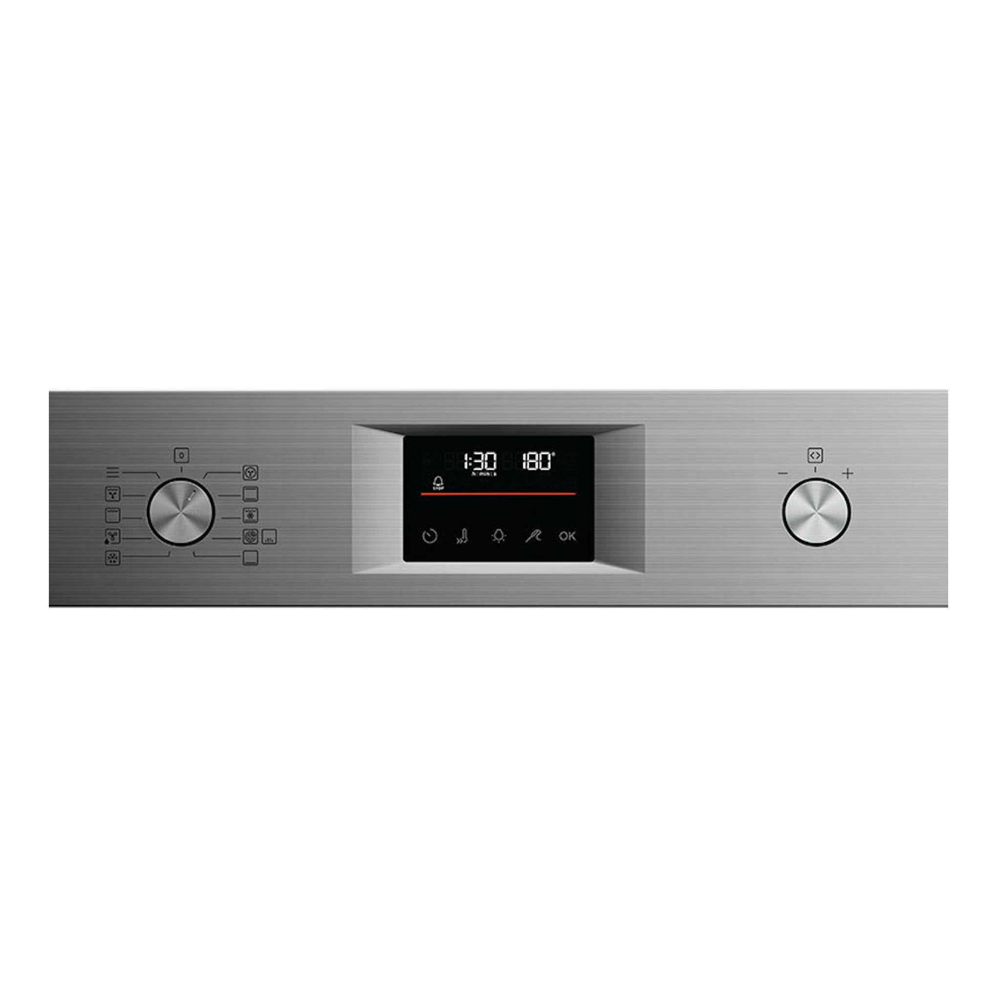 Horno AEG OS6PB51AM inox, vista frontal del panel con dos mandos y pantalla digital central.