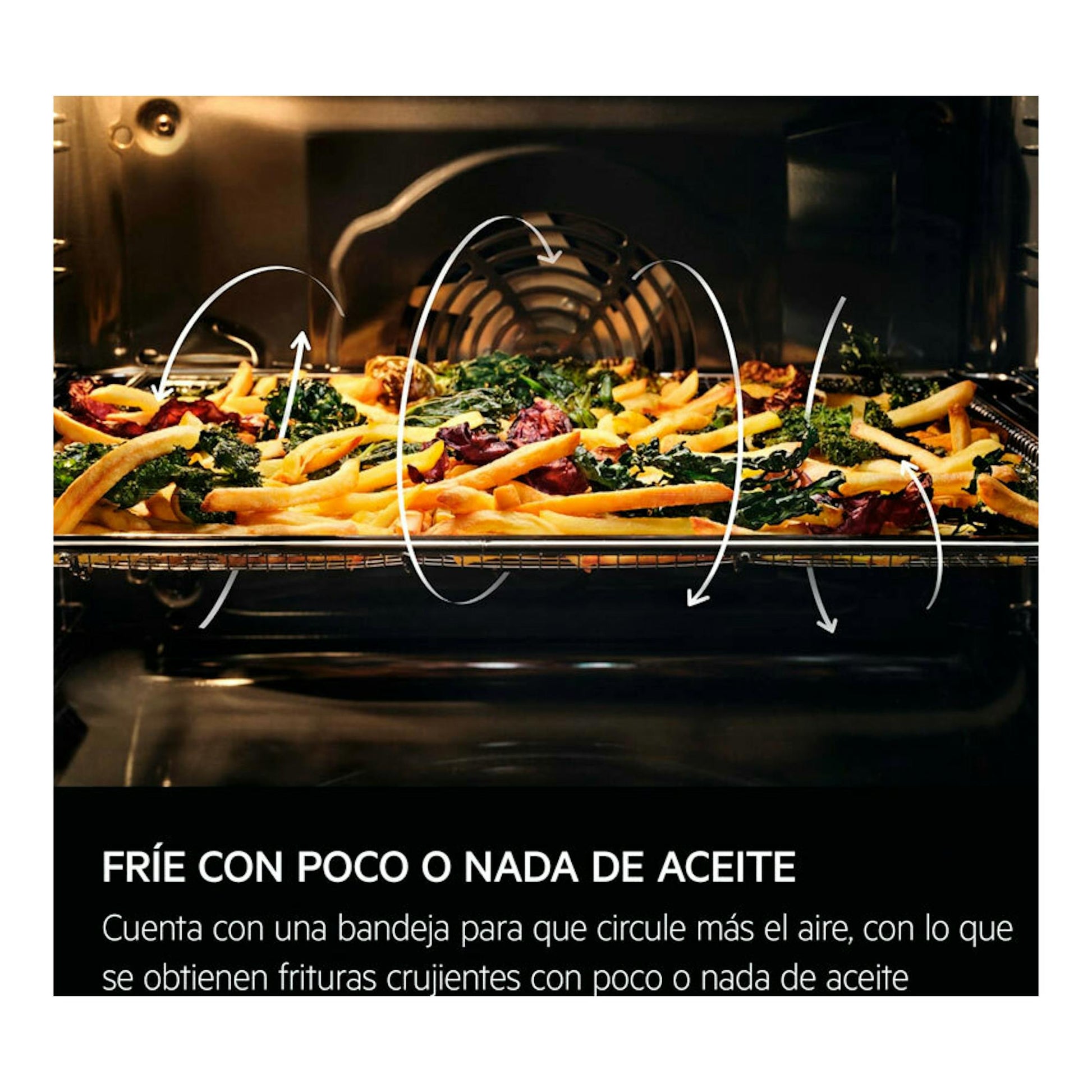 Vista interior de horno AEG OS6PB51AM inox con bandeja de patatas y verduras.