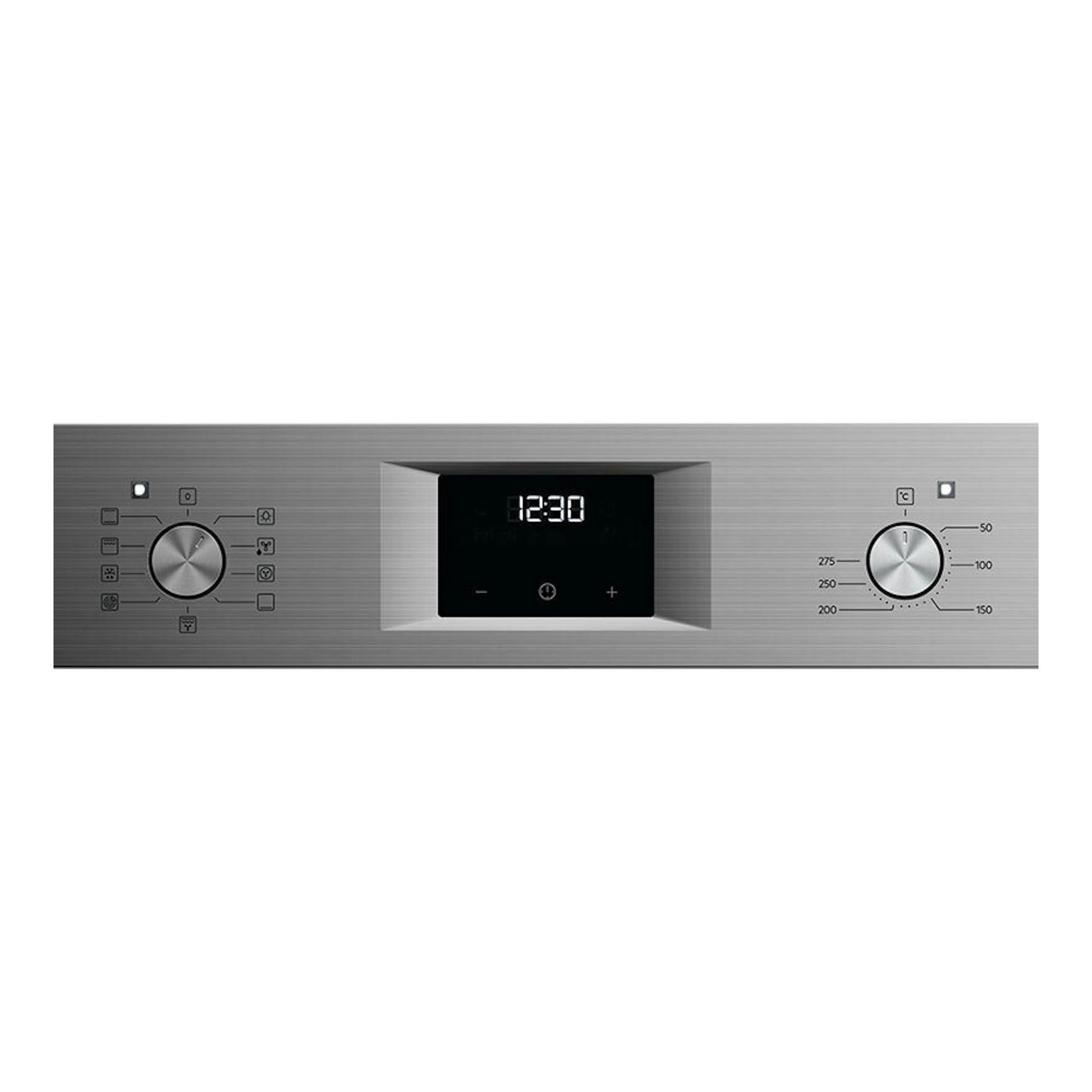 Horno AEG OU5AB20SM inox, vista frontal del panel con dos mandos giratorios y display digital 12:30.