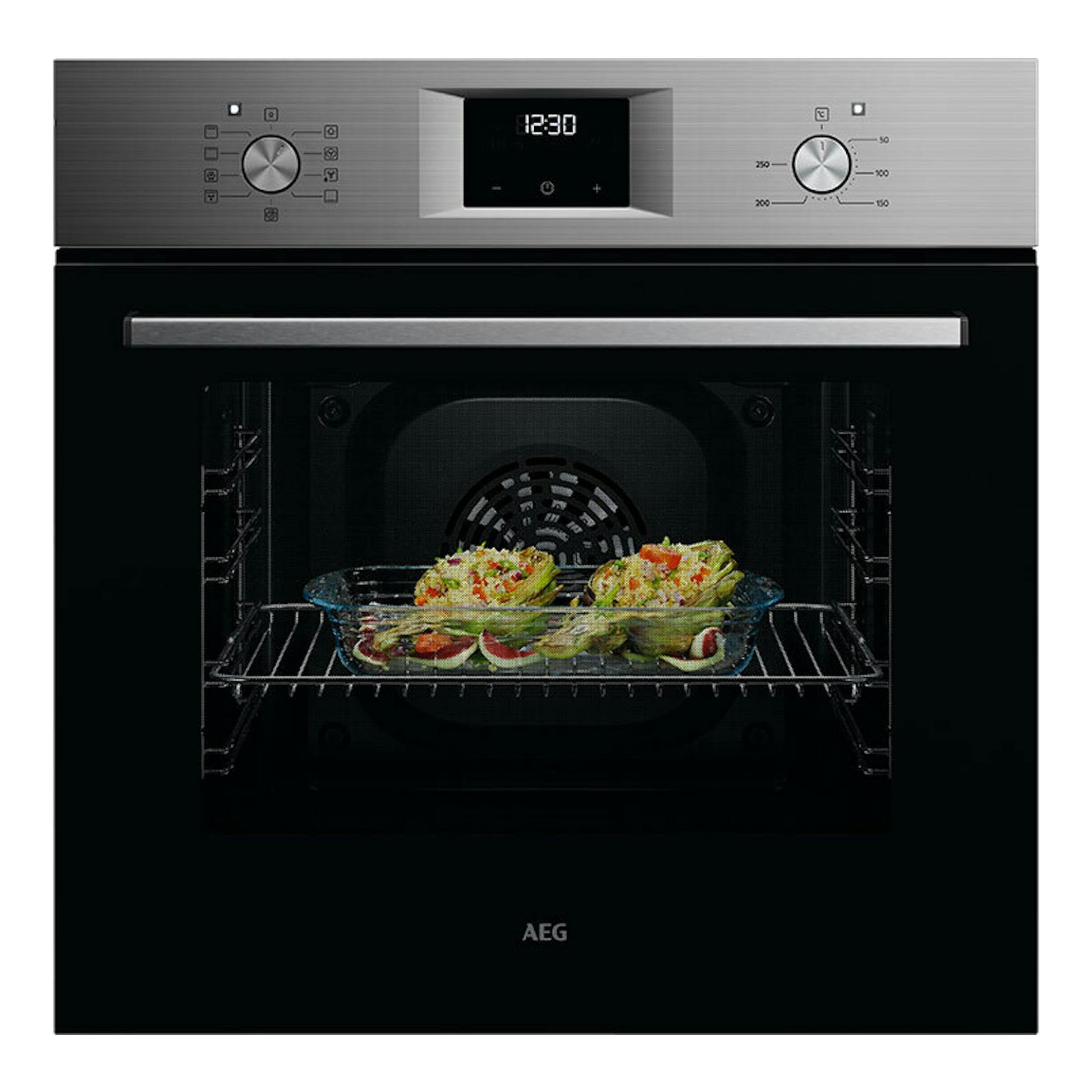 Horno empotrable AEG OU5AB21CM inox, vista frontal, panel superior con display digital y puerta negra.