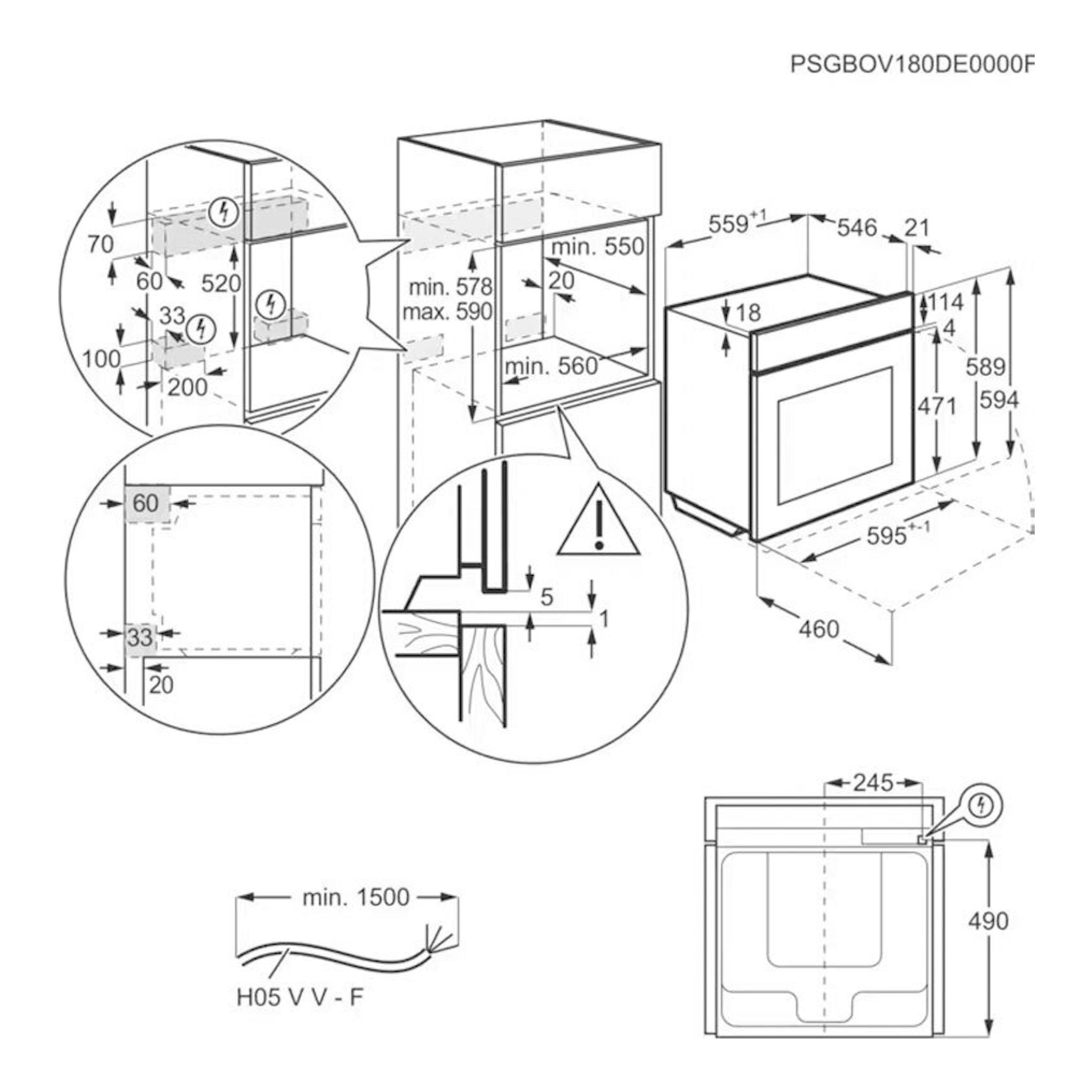 Horno AEG OU5AB21CM inox, diagrama técnico de instalación con vistas frontal y lateral y medidas.