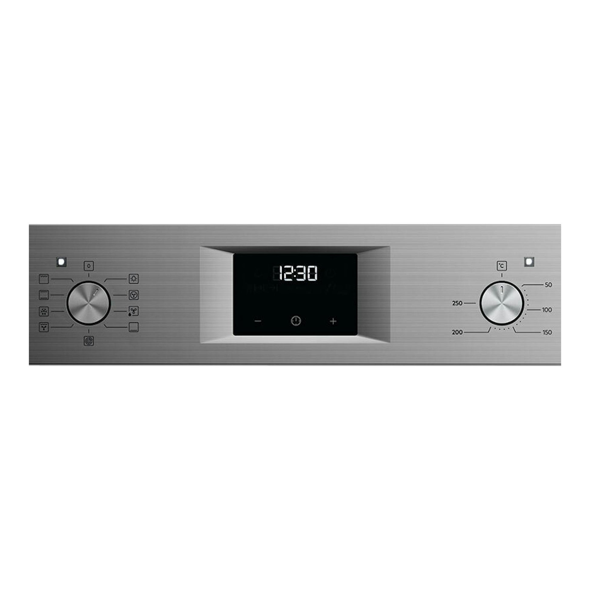 Horno AEG OU5AB21CM inox, panel frontal de acero cepillado con pantalla digital y dos mandos.