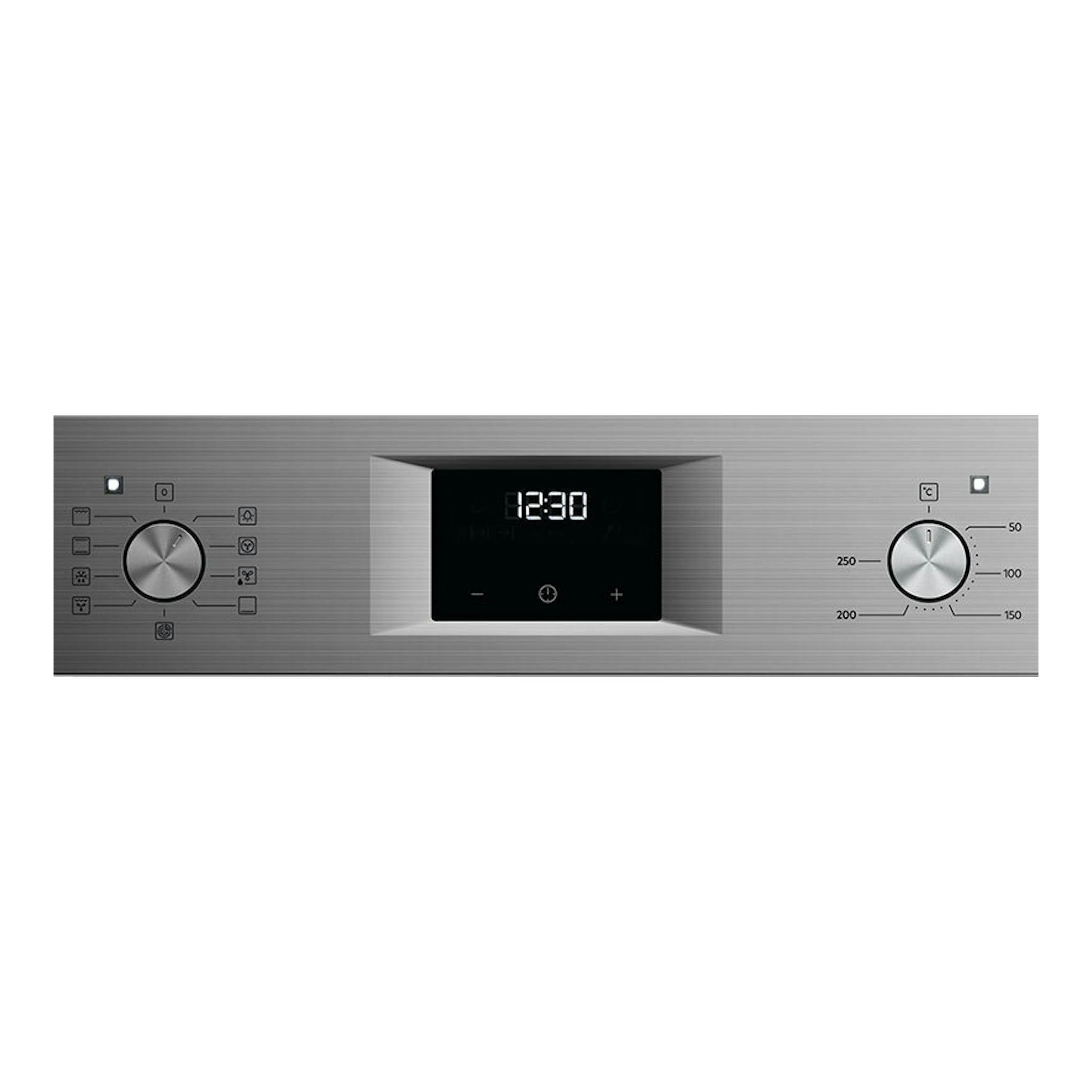 Horno AEG OU5AB21CM inox, panel frontal de acero cepillado con pantalla digital y dos mandos.