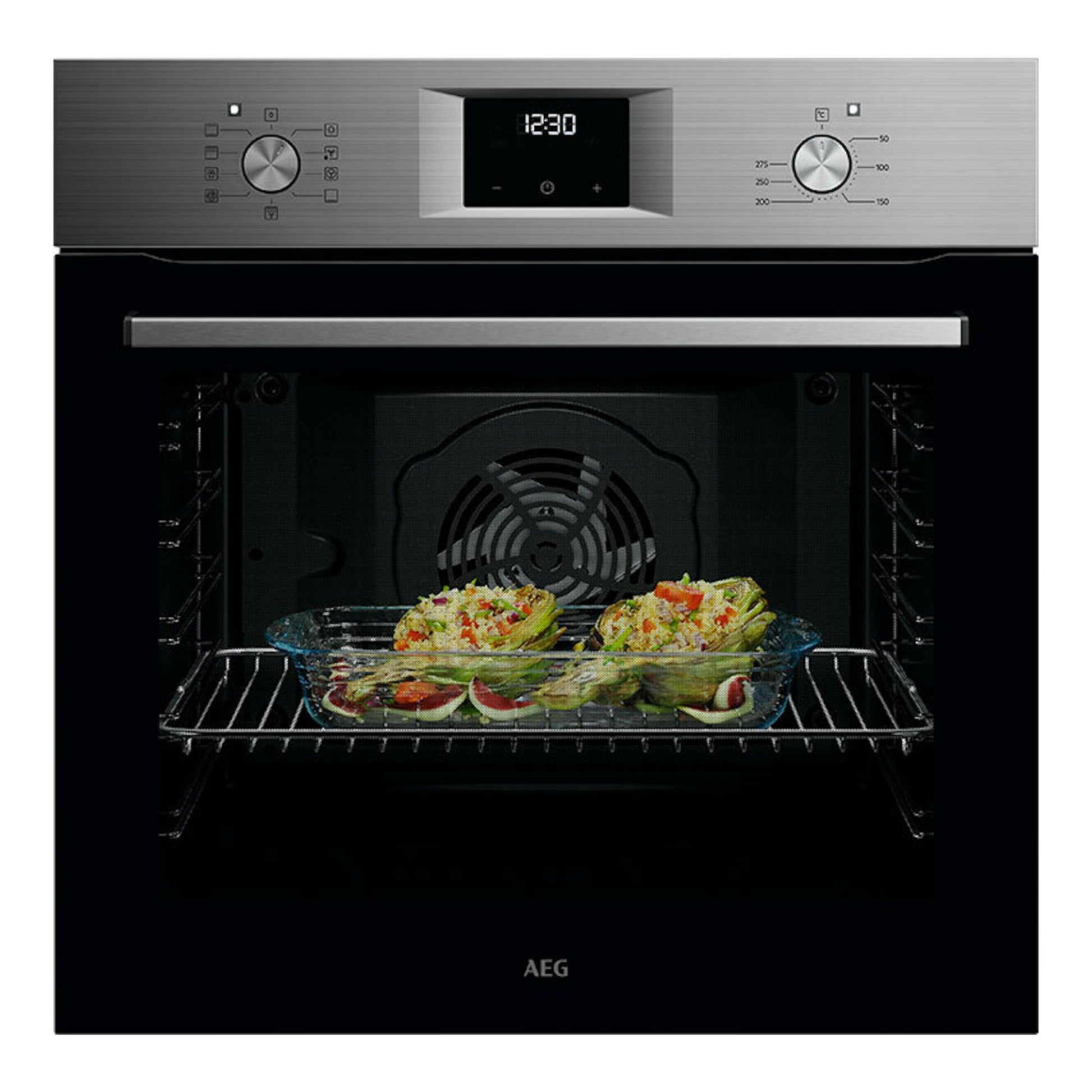 Horno AEG OU5AB21FSM inox, vista frontal, con panel digital y bandeja de comida en el interior.