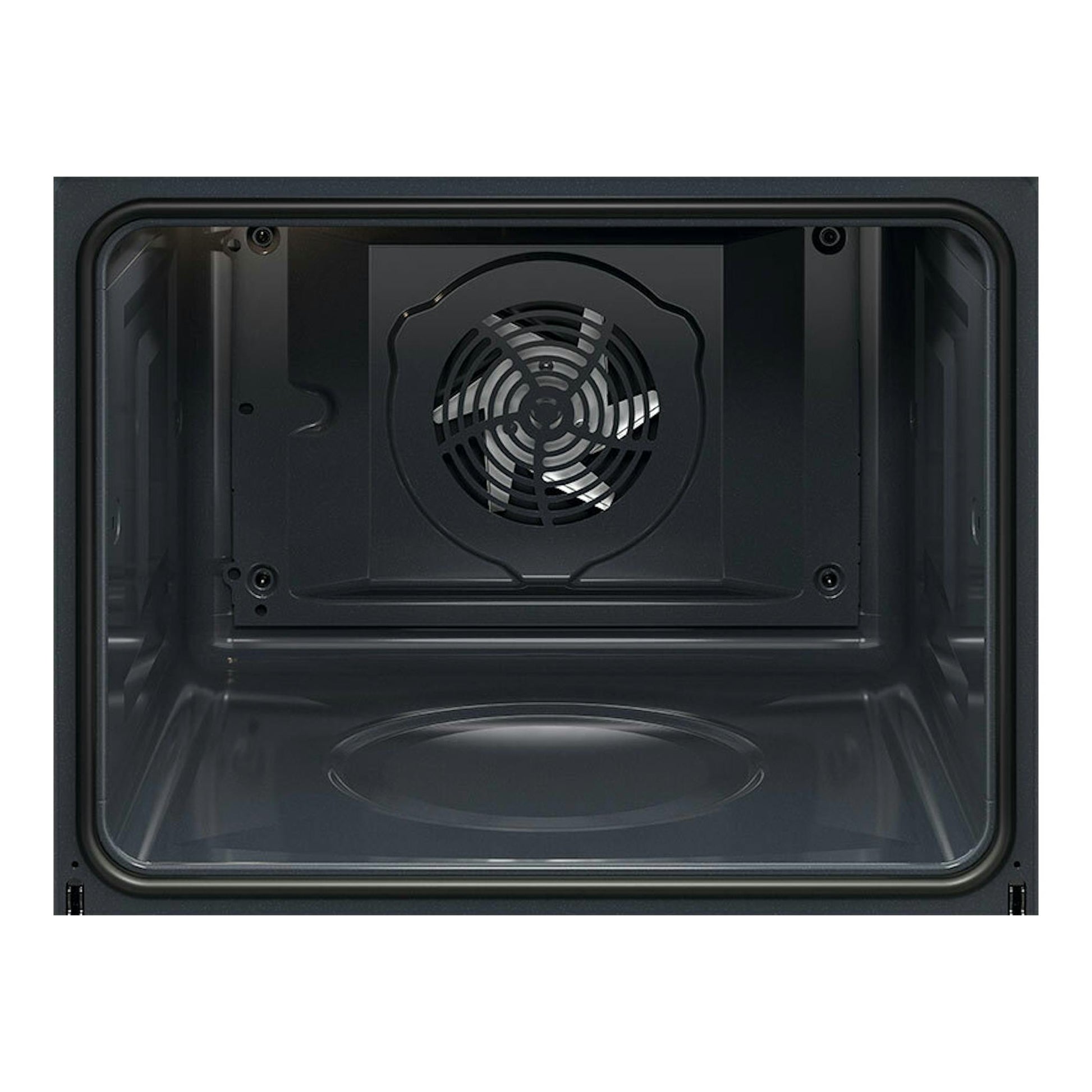 Horno AEG OU5AB21FSM inox, interior oscuro en vista frontal, con ventilador circular en la pared trasera.