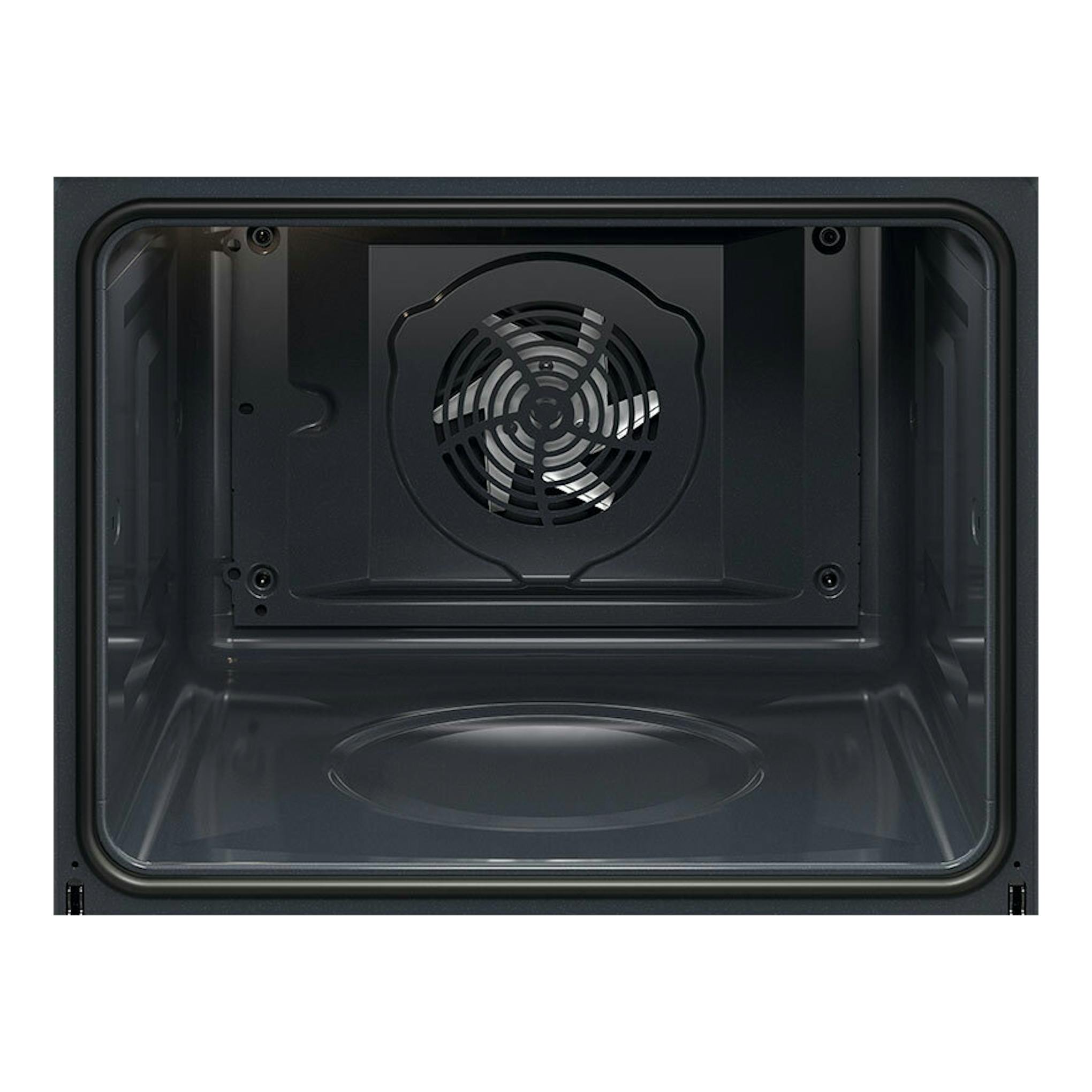 Horno AEG OU5AB21FSM inox, interior oscuro en vista frontal, con ventilador circular en la pared trasera.