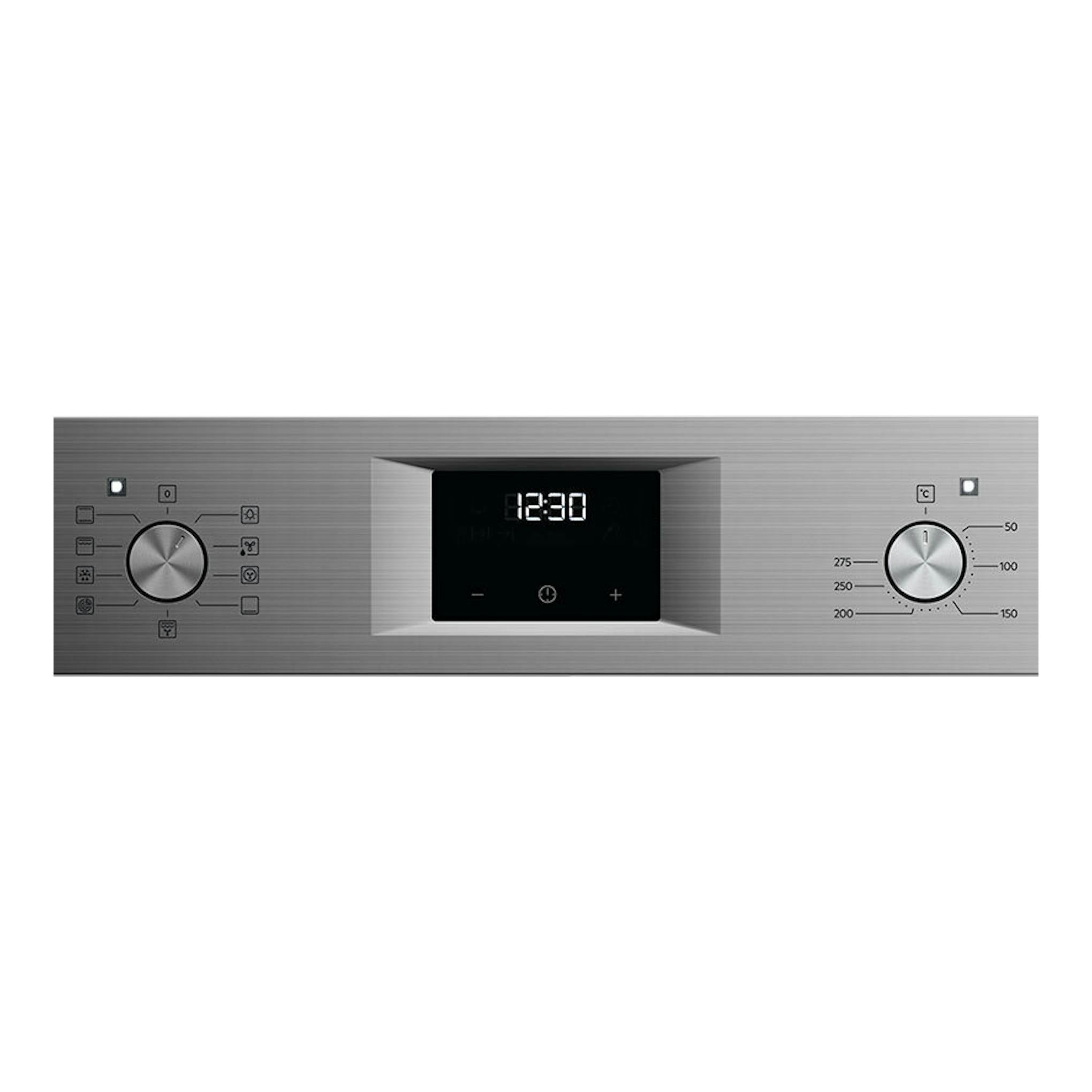 Horno AEG OU5AB21FSM inox, panel frontal con dos mandos y pantalla digital 12:30.