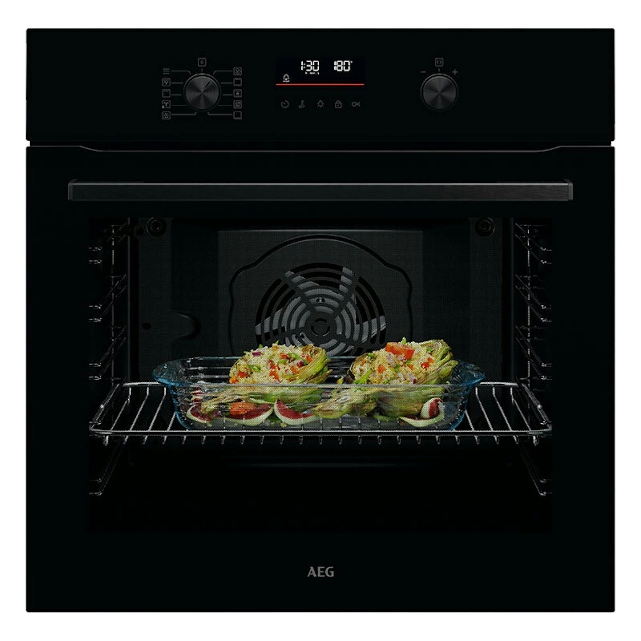 Horno AEG OU5PB40NSK de cristal negro, con puerta abierta e interior visible