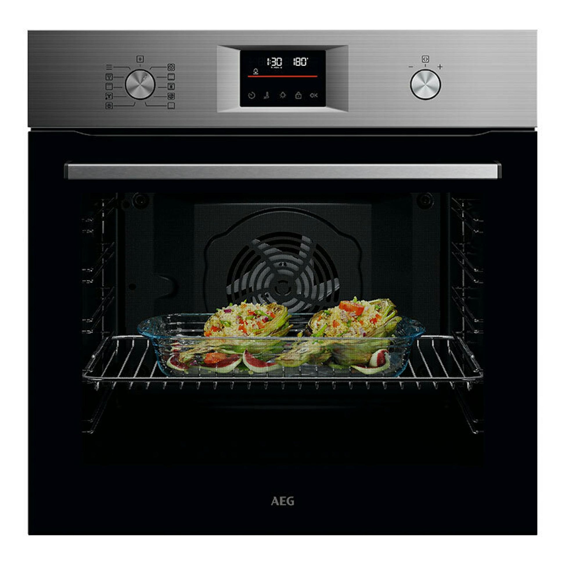 Horno AEG OU5PB40SM inox con puerta abierta y bandeja de comida en el interior