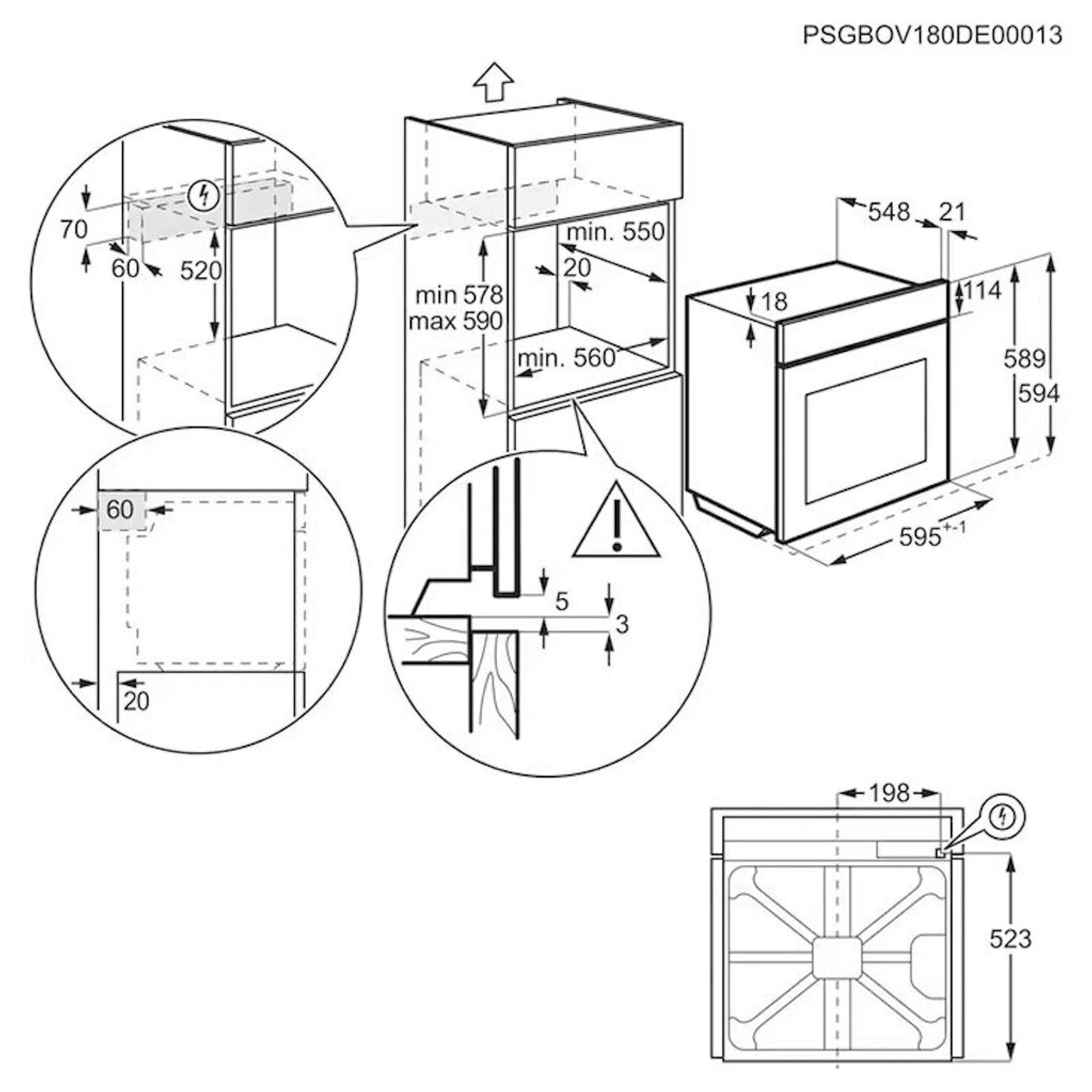 AEG OU5PB40SM Inox, esquema técnico de instalación y medidas de horno empotrable