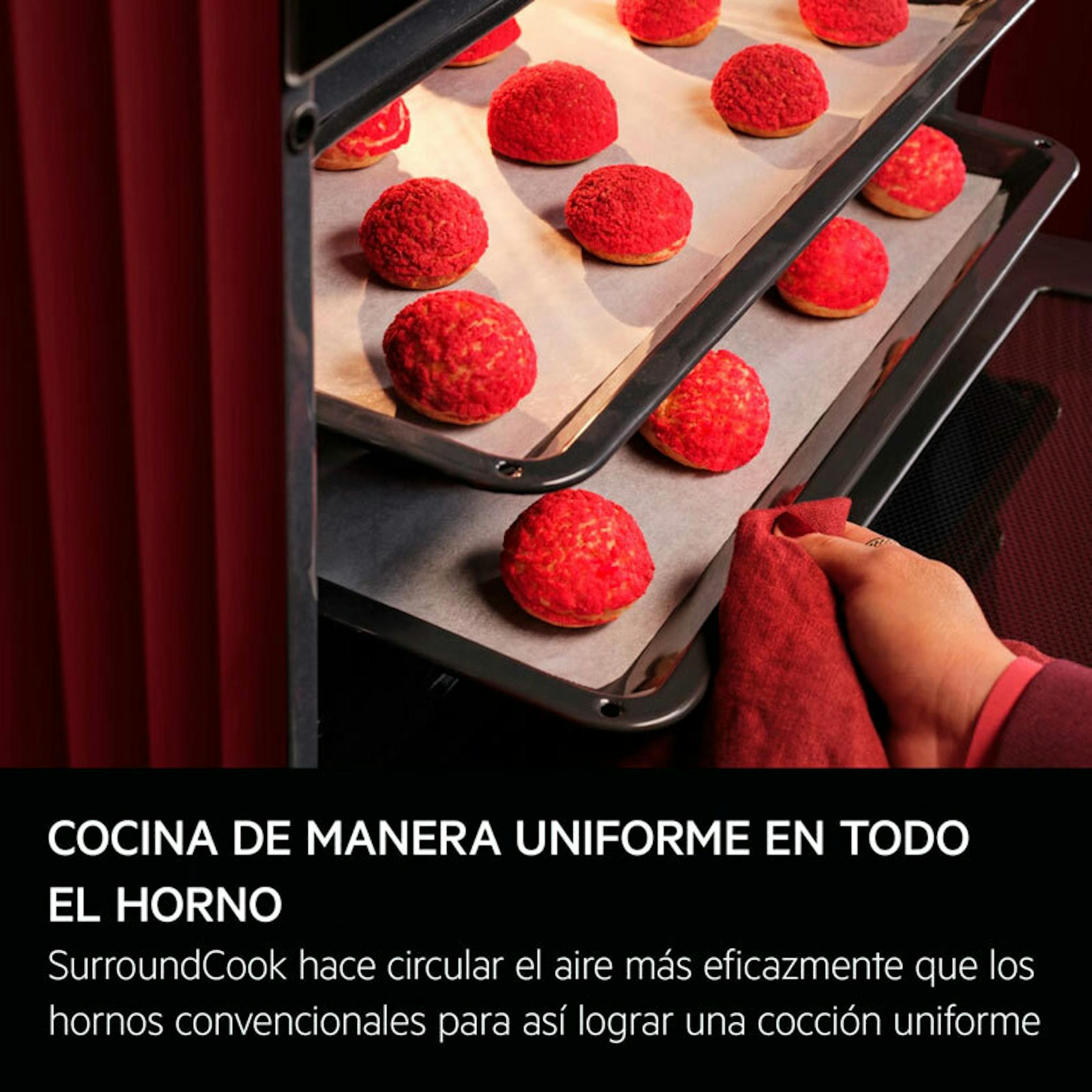 Interior del horno AEG OU5PB40SM Inox con bandejas y bollos rojos