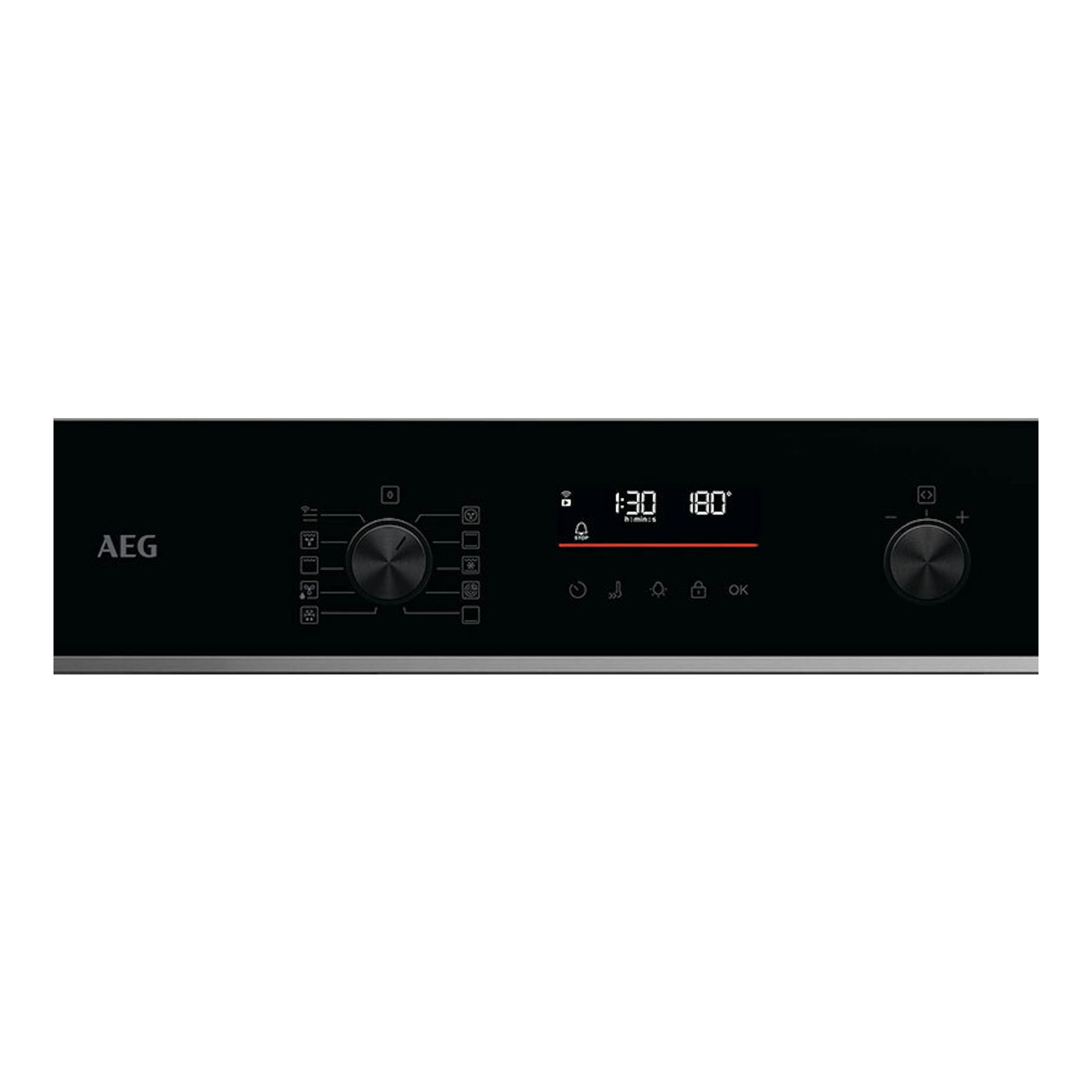 Horno AEG OU5PB41WSB de cristal negro, vista frontal con dos mandos y pantalla digital.