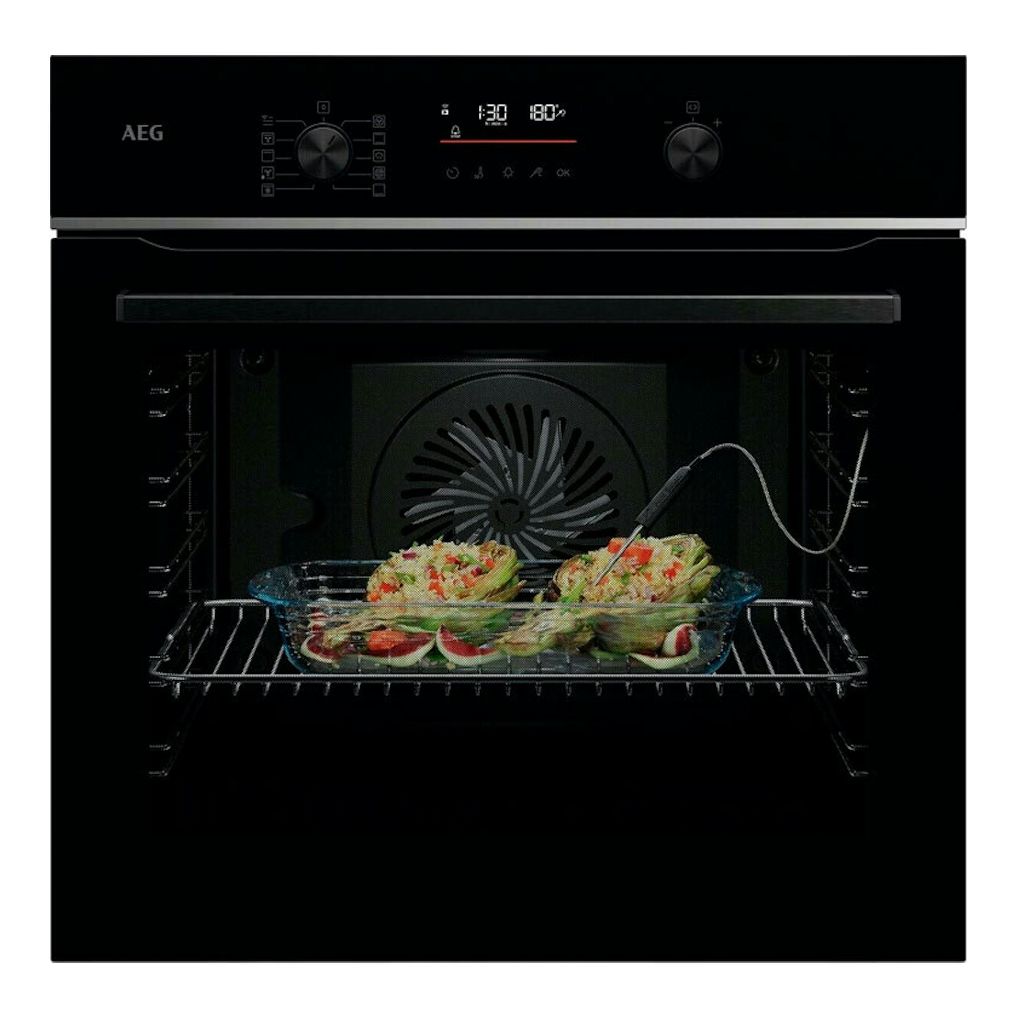 Horno AEG TA5PB531AB de cristal negro, vista frontal, con bandeja de comida y panel digital.