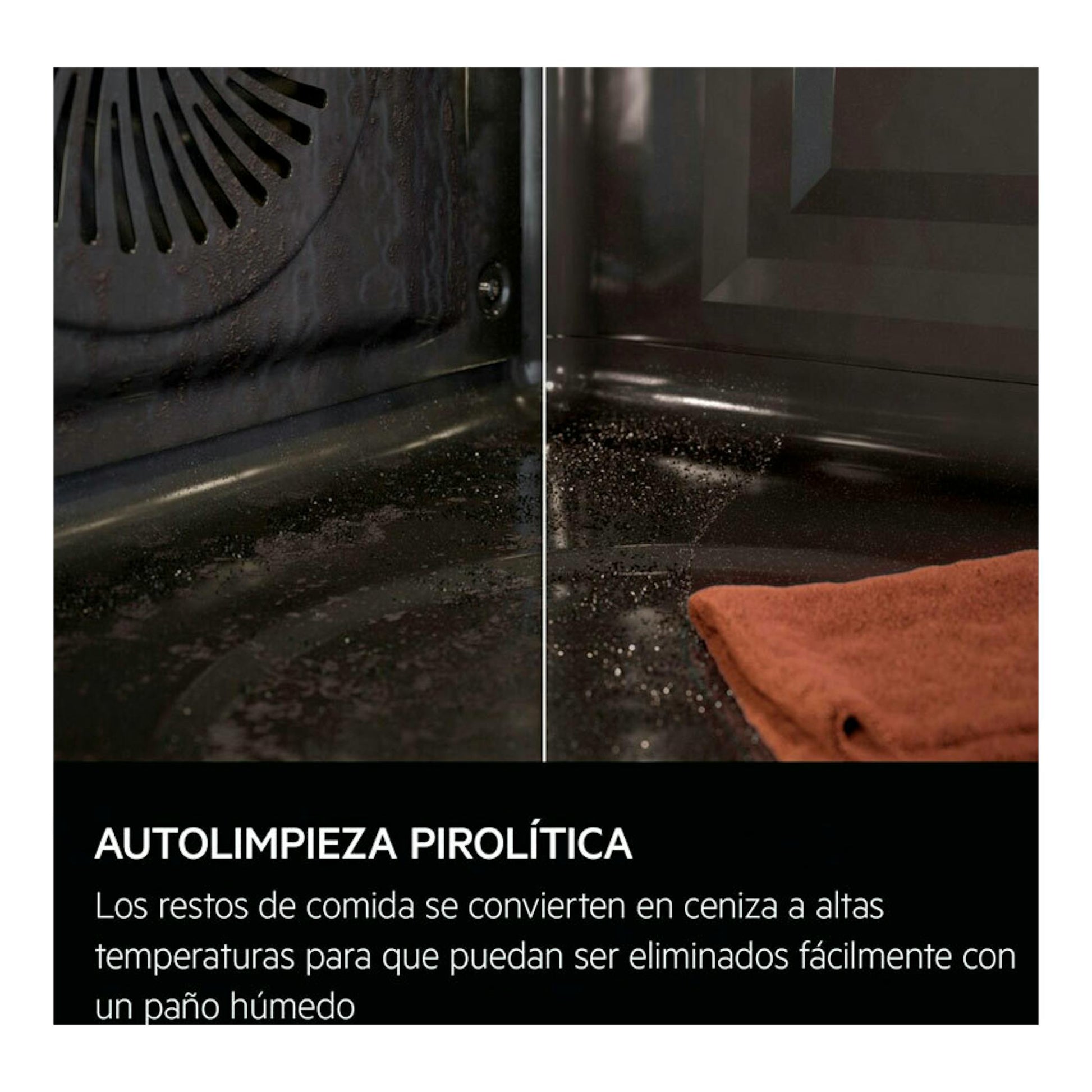 Horno AEG TA5PB531AB de cristal negro, vista interior en corte con autolimpieza pirolítica.