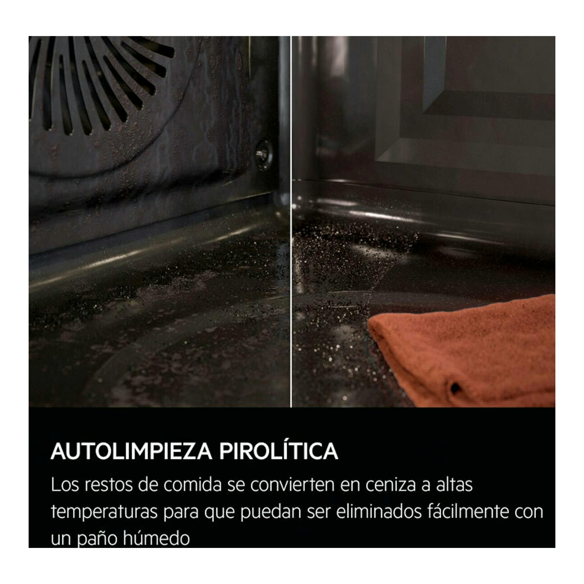 Horno AEG TA5PB531AB de cristal negro, vista interior en corte con autolimpieza pirolítica.