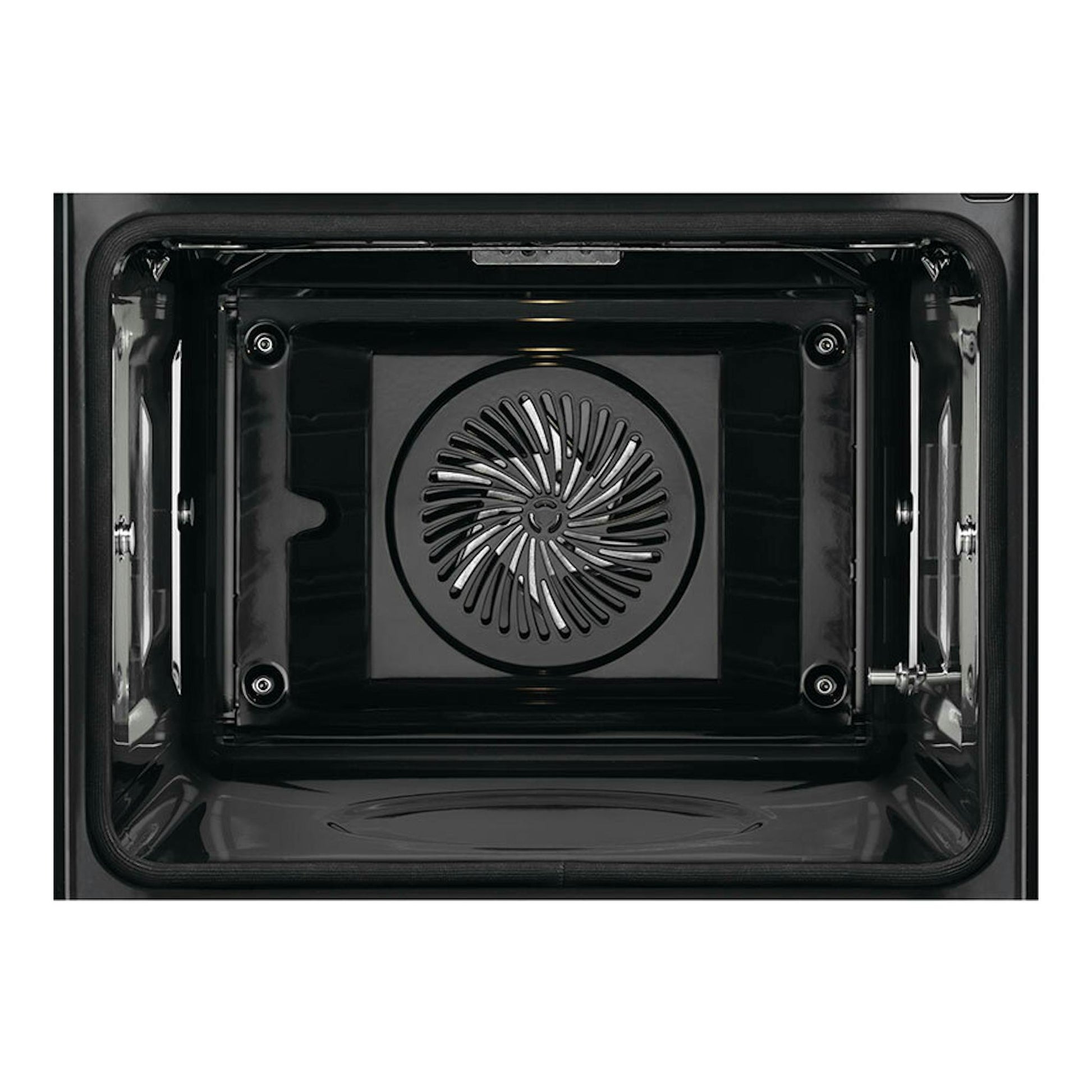 Horno AEG TA5PB531AB de cristal negro, vista frontal del interior con ventilador central.