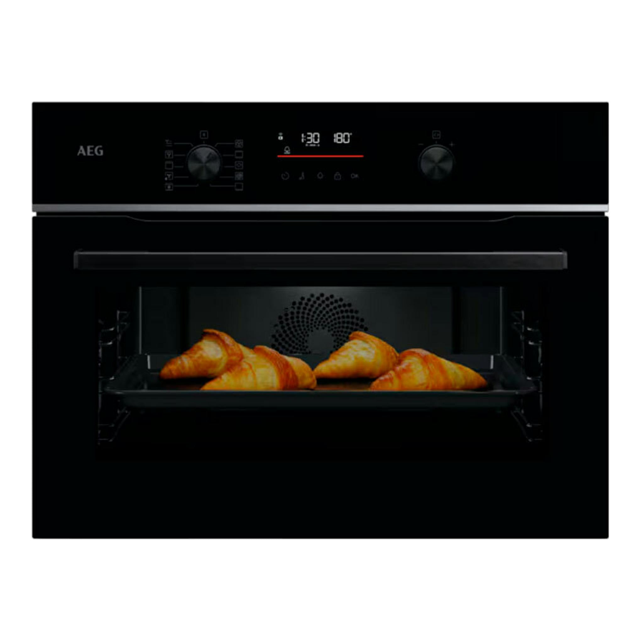 Horno AEG TA5PK401B de cristal negro, vista frontal, con pantalla digital y bandeja con croissants.