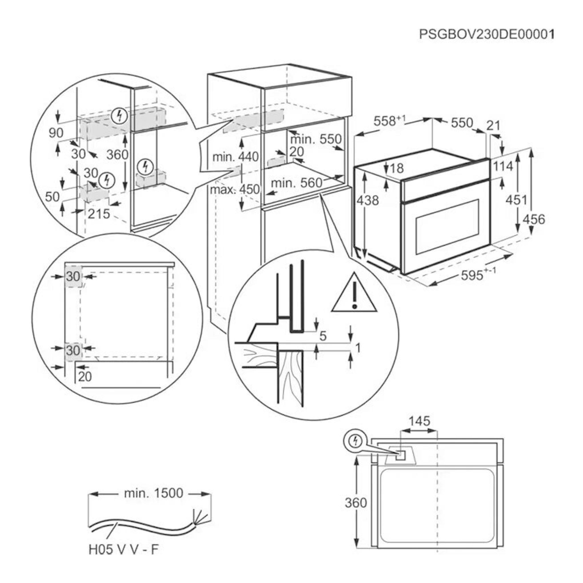 AEG TA5PK401B, horno negro de cristal, esquema técnico de instalación con medidas frontal y lateral.