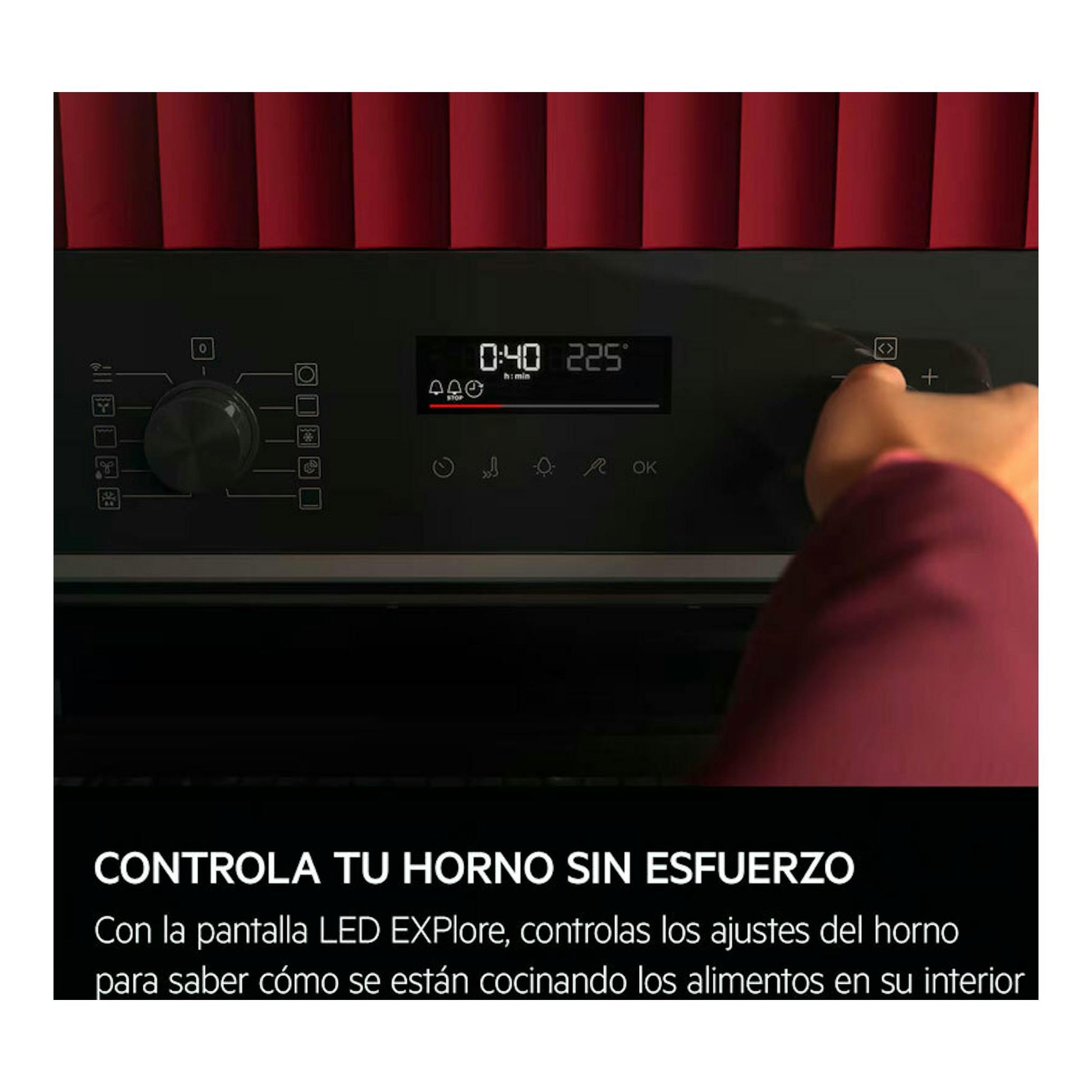 Horno AEG TA5PK401B negro, vista frontal del panel LED con una mano ajustando el control táctil.