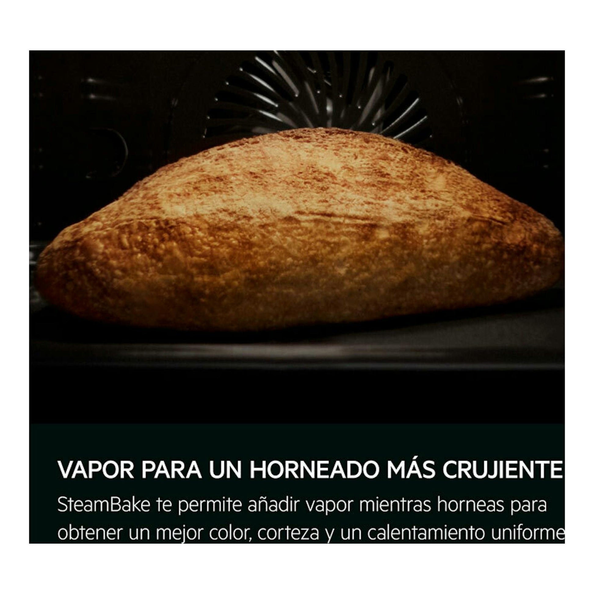 Horno AEG TA5PK401B negro, vista frontal con pan dorado en el interior y texto sobre SteamBake.
